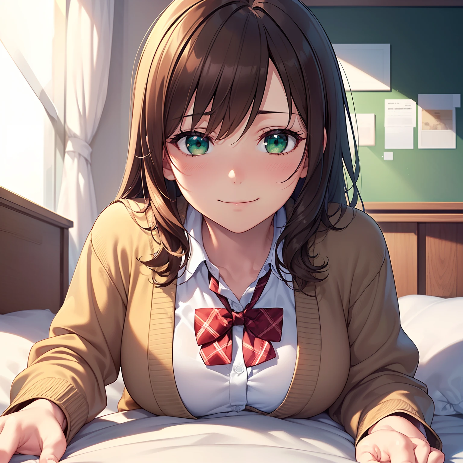 ((masutepiece, Best Quality, hight resolution, nffsw, Perfect Pixel, depth of fields, 4K, nffsw, nffsw))), 1girl in, Single, Solo, Beautiful anime girl, Beautiful Art Style, Anime Character, ((Long hair, Bangs, Brown hair, Curly hair:0.8)), ((Green eyes:1.4, rounded eyes, Beautiful eyelashes, Realistic eyes)), ((Detailed face, Blushing:1.2)), ((Smooth texture:0.75, Realistic texture:0.65, Photorealistic:1.1, Anime CG style)), medium breasts, Dynamic Angle, Perfect body, ((POV, Sleeping Pose, Supine Pose, lyin in bed, The look of sighs)), ((red bowtie, School uniform, White shirt, Brown cardigan, Long sleeve, Black skirt, plaid skirts)), Smile, Indoor, Bedroom, Natural light, Sunshine