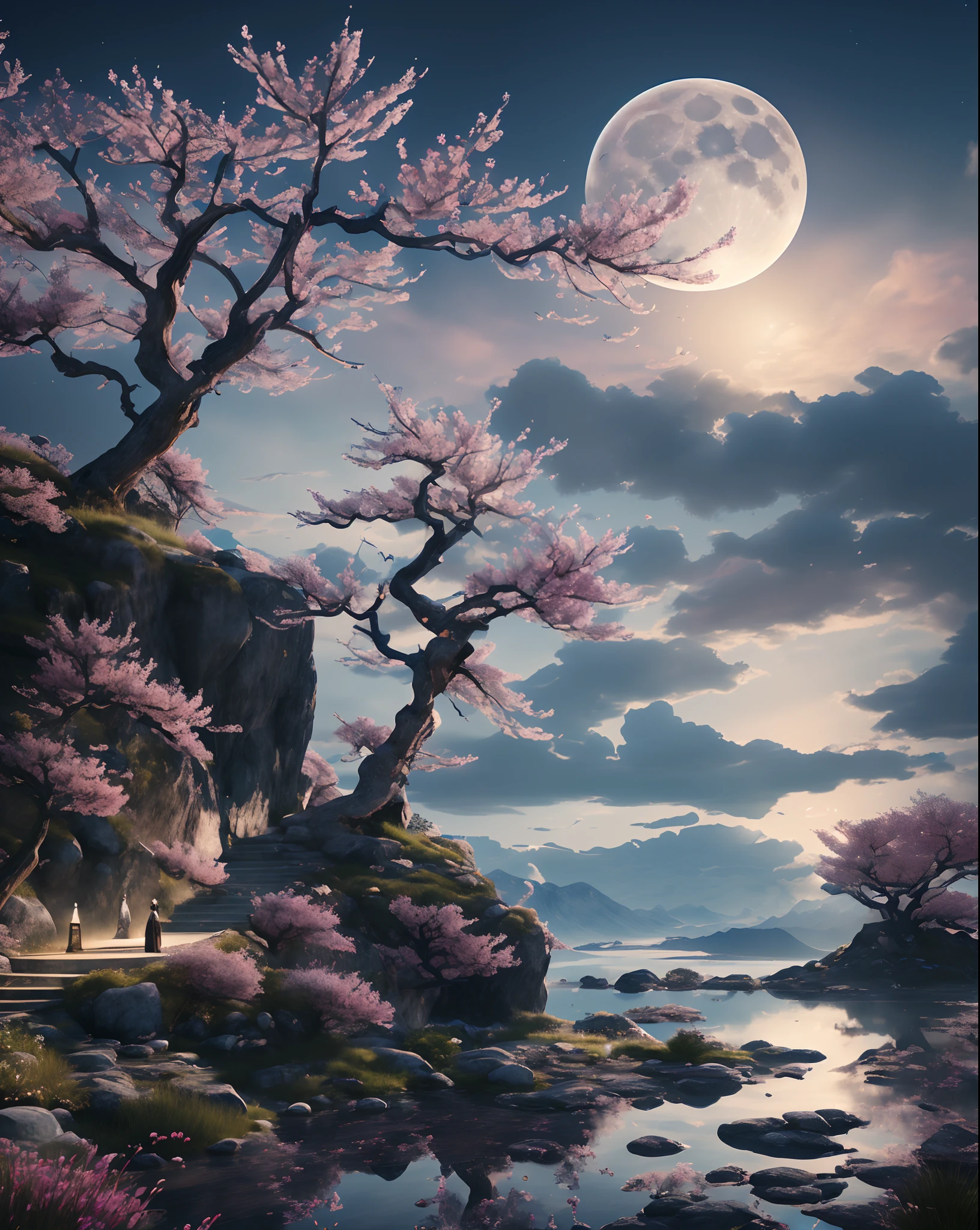 The image is a digital painting set against a mystical landscape. The scene is dominated by a massive, pale moon or celestial body that fills the sky, radiating soft light. This moon appears to be close to the viewer, as its surface shows subtle spots or marks.

In the foreground, a figure stands with their back to the viewer, observing the breathtaking vista. This person is dressed in traditional attire, possibly reminiscent of ancient East Asian garments. They wear a blue kimono or robe, adorned with intricate floral patterns. A red sash or obi wraps around their waist. The figure's hair is done up in a bun, held together by an accessory.

Below the person is a rocky outcrop, positioned like a viewing point amidst the rugged terrain. Surrounding the area are twisted, gnarly trees that appear to be cherry blossoms. Their pink-red blossoms are scattered by a breeze, creating a shower of petals that dance around the scene. This ethereal atmosphere is further enhanced by the presence of birds – possibly crows or ravens – that soar around the sky, their dark silhouettes contrasting sharply against the bright backdrop of the moon.

The overall color palette is dominated by cool blues and grays, with touches of pink-red from the cherry blossoms, giving the artwork a serene, dreamlike quality. 

The image invokes feelings of introspection, serenity, and the timeless beauty of nature.