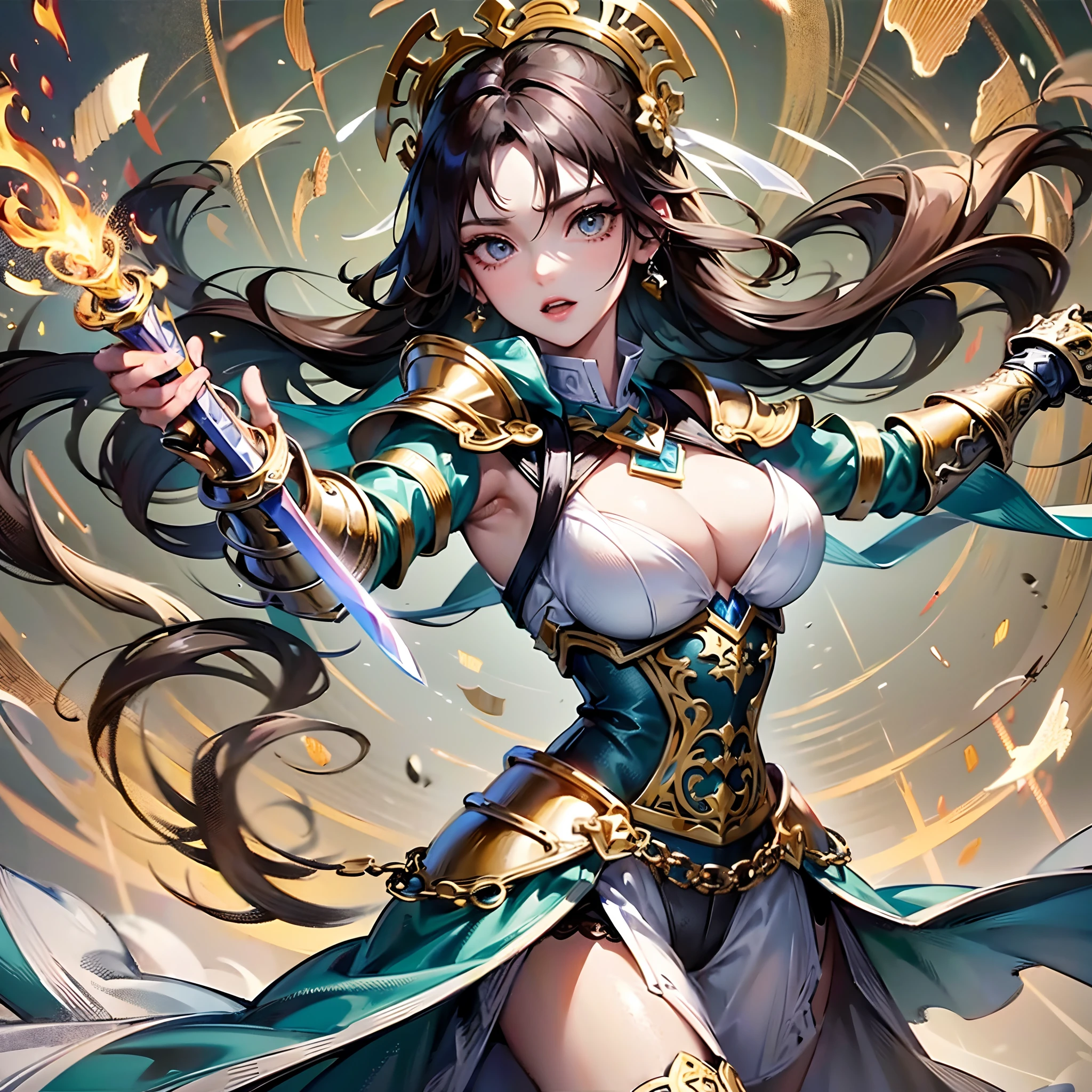 ((Finest quality)),(超A high resolution),(ultra-detailliert),(Meticulous portrayal),((Best CG)),(Finest works of art),Ultra-Precision Art,The art of astounding depiction, (Female Magic Swordsman:1.5),(Armor with intricate patterns:1.5),Hold your sword:1.3,Unleash flaming arrows:1.5, Dynamic poses, dungeon:1.5,Dim passage:1.7