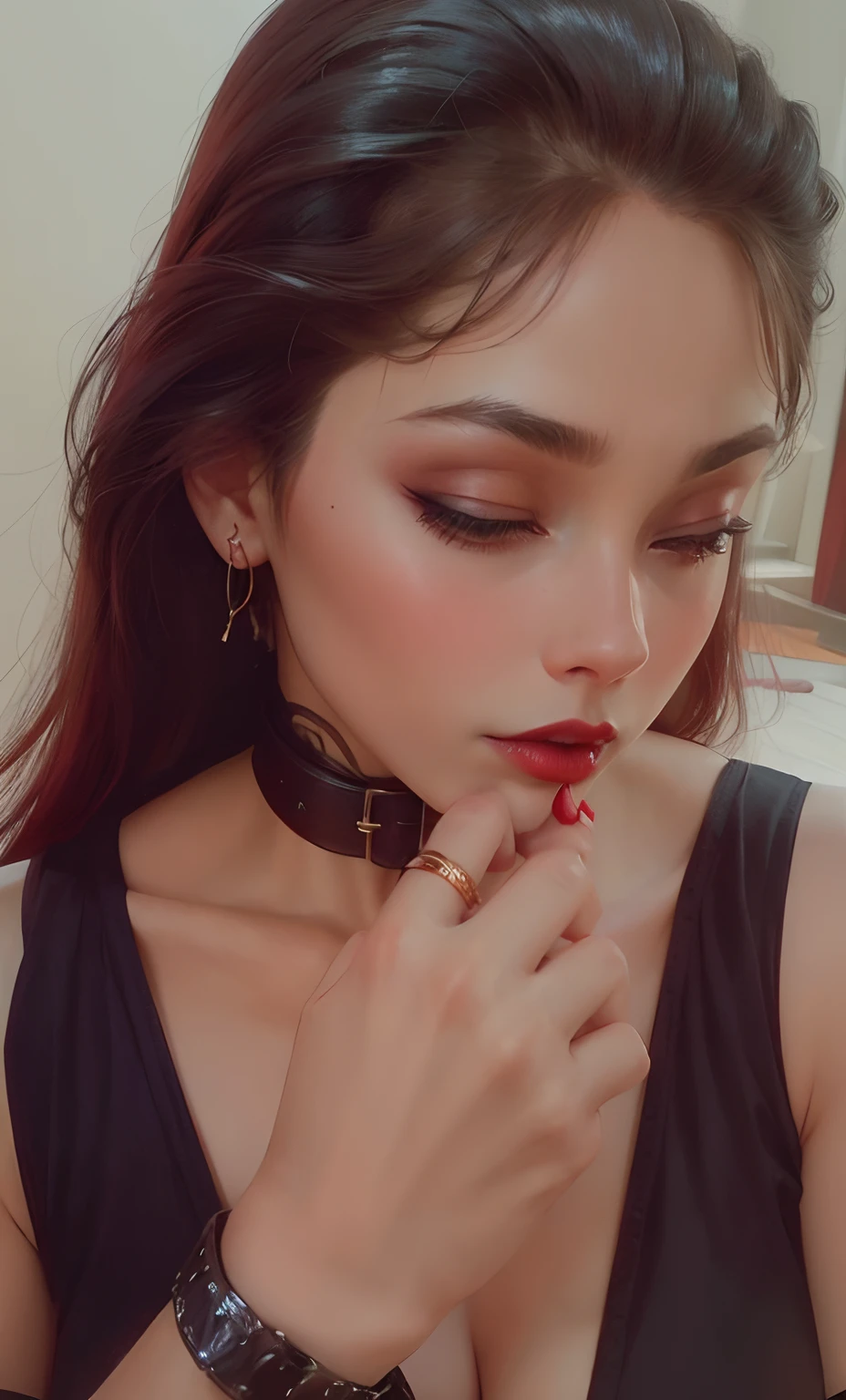 Bdsm, red lipstick, collar, snake ring, anime brown  hair