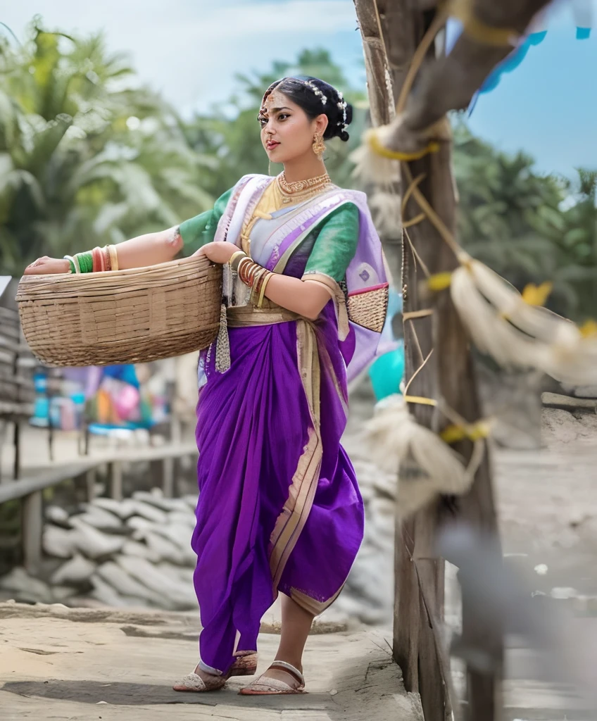araffe woman in a purple sari carrying a basket, wearing bihu dress mekhela sador, assamese aesthetic, traditional beauty, dressed in a sari, wearing traditional garb, traditional clothes, very beautiful enga style, traditional clothing, blue colored traditional wear, wearing a sari, traditional female hairstyles, candid picture, candid photo, wearing an elegant tribal outfit