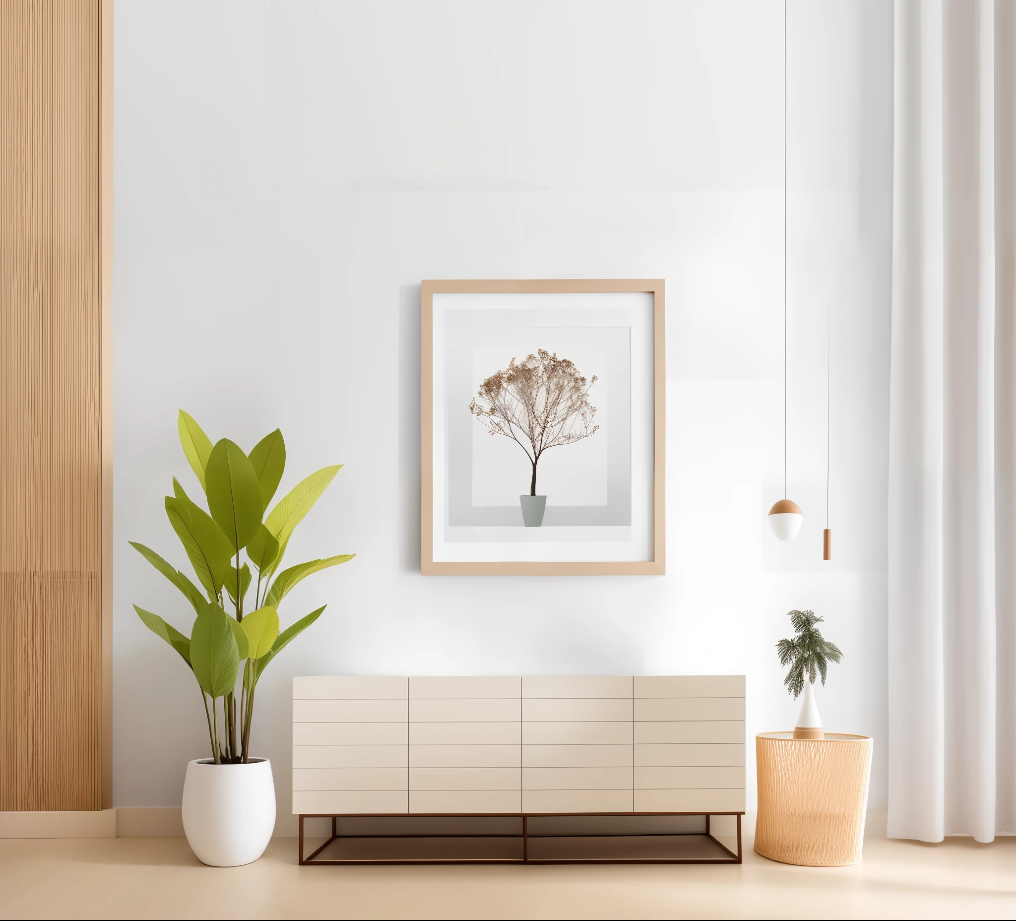 There's a plant in a pot next to a picture on the wall, colocado em uma sala de estar, Arte minimalista, colocado em uma grande sala de estar, furniture photography, Atmosfera minimalista, extremely high quality artwork, Pintura minimalista, muito minimalista, one-line art printing, Estilo de arte minimalista, limited edition print, paredes de madeira com arte emoldurada, Figura de Lichtenberg