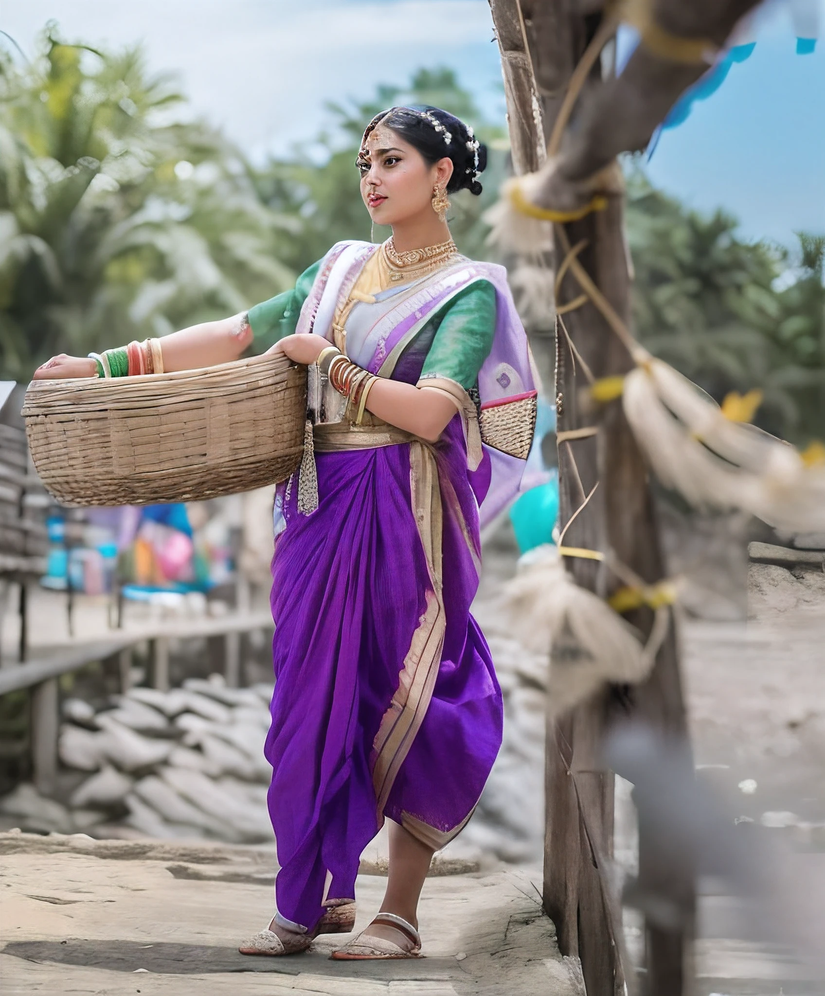 araffe woman in a purple sari carrying a basket, wearing bihu dress mekhela sador, assamese aesthetic, traditional beauty, dressed in a sari, wearing traditional garb, traditional clothes, very beautiful enga style, traditional clothing, blue colored traditional wear, wearing a sari, traditional female hairstyles, candid picture, candid photo, wearing an elegant tribal outfit