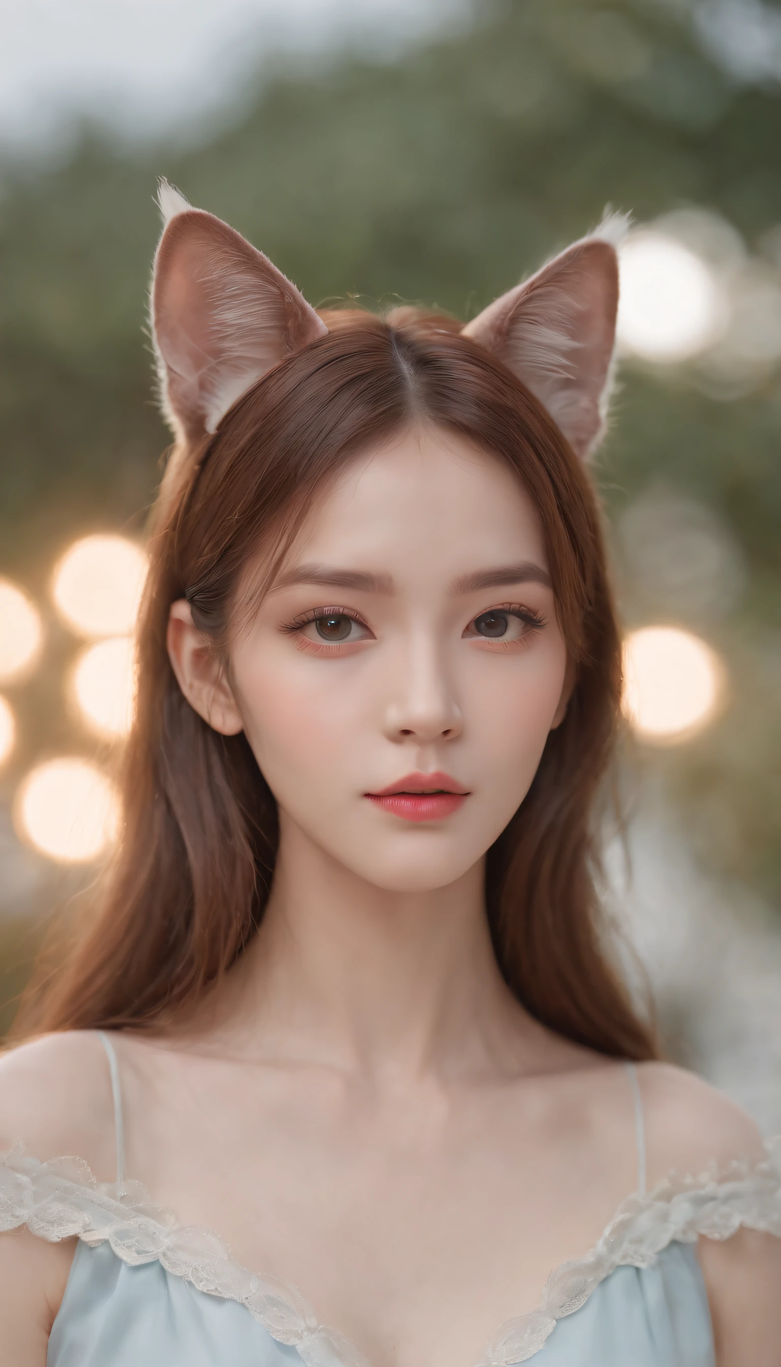 Best Quality,4K,8K,hight resolution,masutepiece:1.2,Ultra-detailed,Realistic:1.37,Cute,Girly,Portrait Style,Long hair,Cat ears，Sparkling eyes,Piercing eyes,Cat-like eyes,Beautiful face,Rose cheeks,Soft and perfect skin,Young look,Pouty lips,Cat ears,Delicate anchor necklace,Stylish outfit,shoulder-length hair,Similar to Korean fashion,Trendy,glowing lights,Pastel colors,subtle shadows,Fairytale atmosphere,Ethereal background, dreamy scene，Raw photo