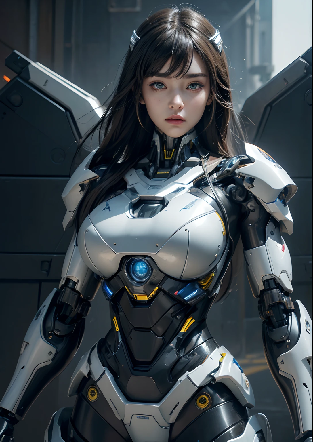 Textured skin, Super Detail, high details, High quality, Best Quality, hight resolution, 1080p, hard disk, Beautiful,(cyborgs),beautiful cyborg woman,Mecha Cyborg Girl,Battle Mode,Girl with a Mecha Body,She wears a battle cyborg mech with a weapon,Fulll body Shot