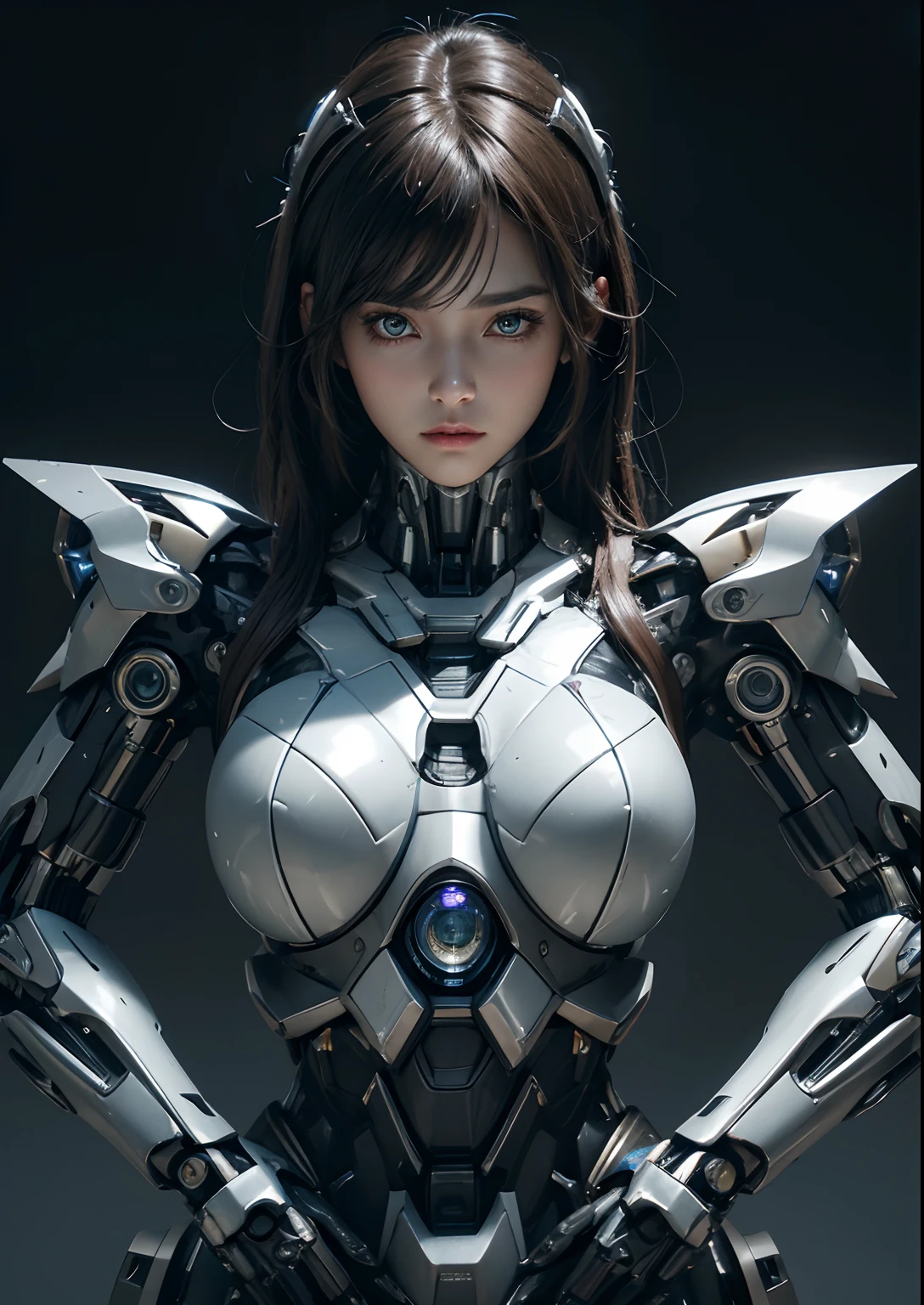 Textured skin, Super Detail, high details, High quality, Best Quality, hight resolution, 1080p, hard disk, Beautiful,(cyborgs),beautiful cyborg woman,Mecha Cyborg Girl,Battle Mode,Girl with a Mecha Body,She wears a battle cyborg mech with a weapon,Fulll body Shot