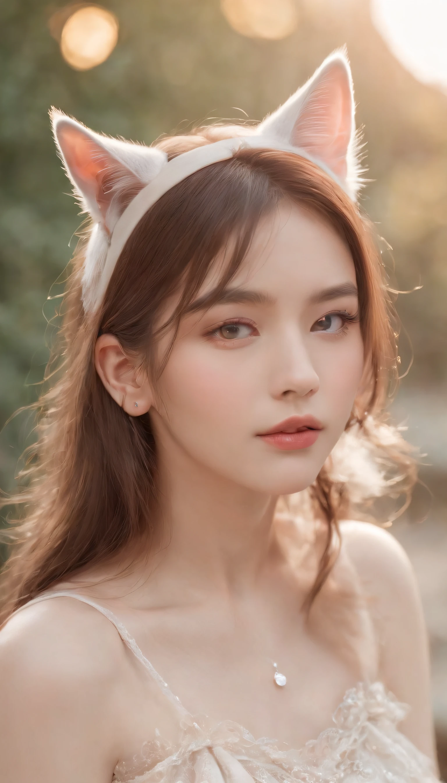 Best Quality,4K,8K,hight resolution,masutepiece:1.2,Ultra-detailed,Realistic:1.37,Cute,Girly,Portrait Style,Long hair,Cat ears，Sparkling eyes,Piercing eyes,Cat-like eyes,Beautiful face,Rose cheeks,Soft and perfect skin,Young look,Pouty lips,Cat ears,Delicate anchor necklace,Stylish outfit,shoulder-length hair,Similar to Korean fashion,Trendy,glowing lights,Pastel colors,subtle shadows,Fairytale atmosphere,Ethereal background, dreamy scene，Raw photo