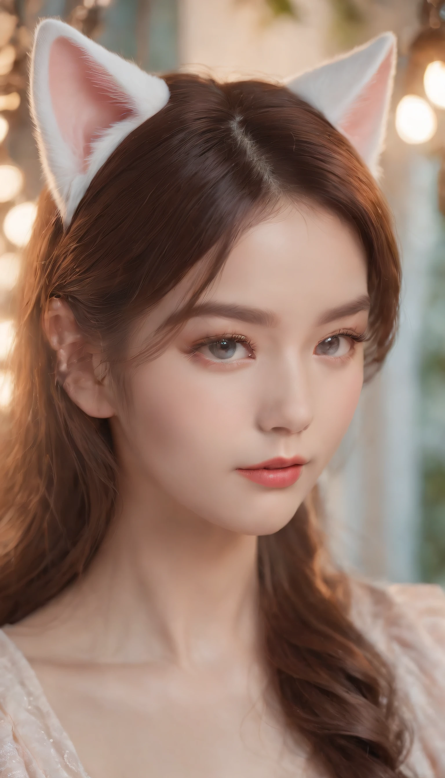 Best Quality,4K,8K,hight resolution,masutepiece:1.2,Ultra-detailed,Realistic:1.37,Cute,Girly,Portrait Style,Long hair,Cat ears，Sparkling eyes,Piercing eyes,Cat-like eyes,Beautiful face,Rose cheeks,Soft and perfect skin,Young look,Pouty lips,Cat ears,Delicate anchor necklace,Stylish outfit,shoulder-length hair,Similar to Korean fashion,Trendy,glowing lights,Pastel colors,subtle shadows,Fairytale atmosphere,Ethereal background, dreamy scene，Raw photo