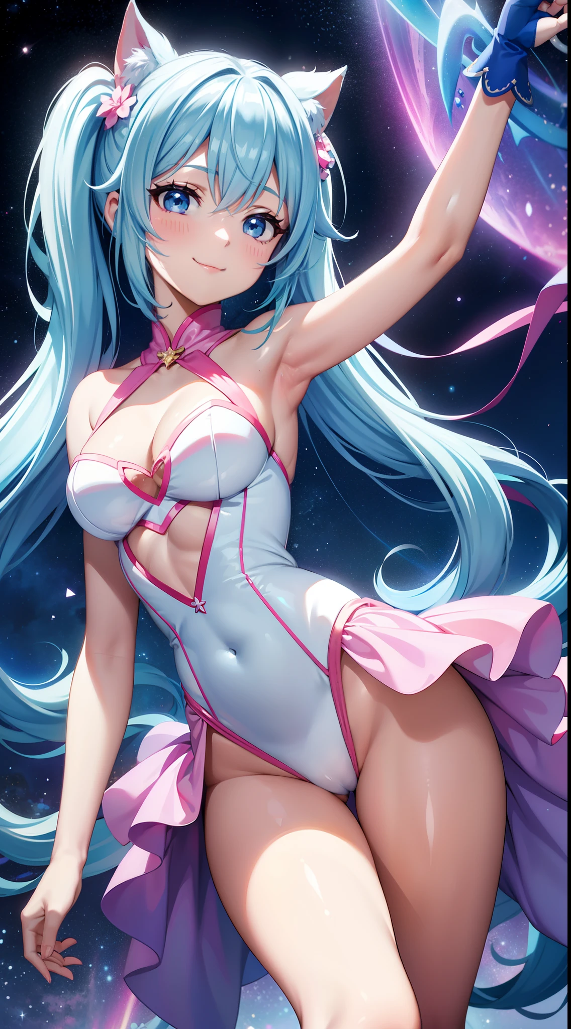 Super Idol a beauty girl A charming smile sky blue hair length hair Twin-tailed Bright white and pink bright sexy leotard outfit Fantasia constellation a moon Crystal Brilliance Aurora Borealis in the Night Sky