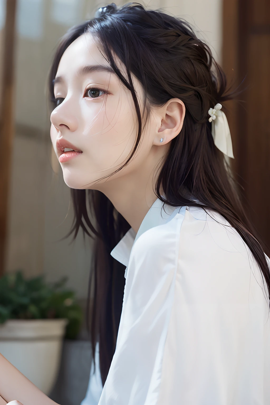 dressed, (photo realistic:1.4), (hyper realistic:1.4), (realistic:1.3),
(smoother lighting:1.05), (increase cinematic lighting quality:0.9), 32K,
1girl,20yo girl, realistic lighting, backlighting, light on face, ray trace, (brightening light:1.2), (Increase quality:1.4),
(best quality real texture skin), finely detailed eyes, finely detailed face,
(tired and sleepy and satisfied:0.0), face closeup, t-shirts,
(Increase body line mood:1.1), shiny skin