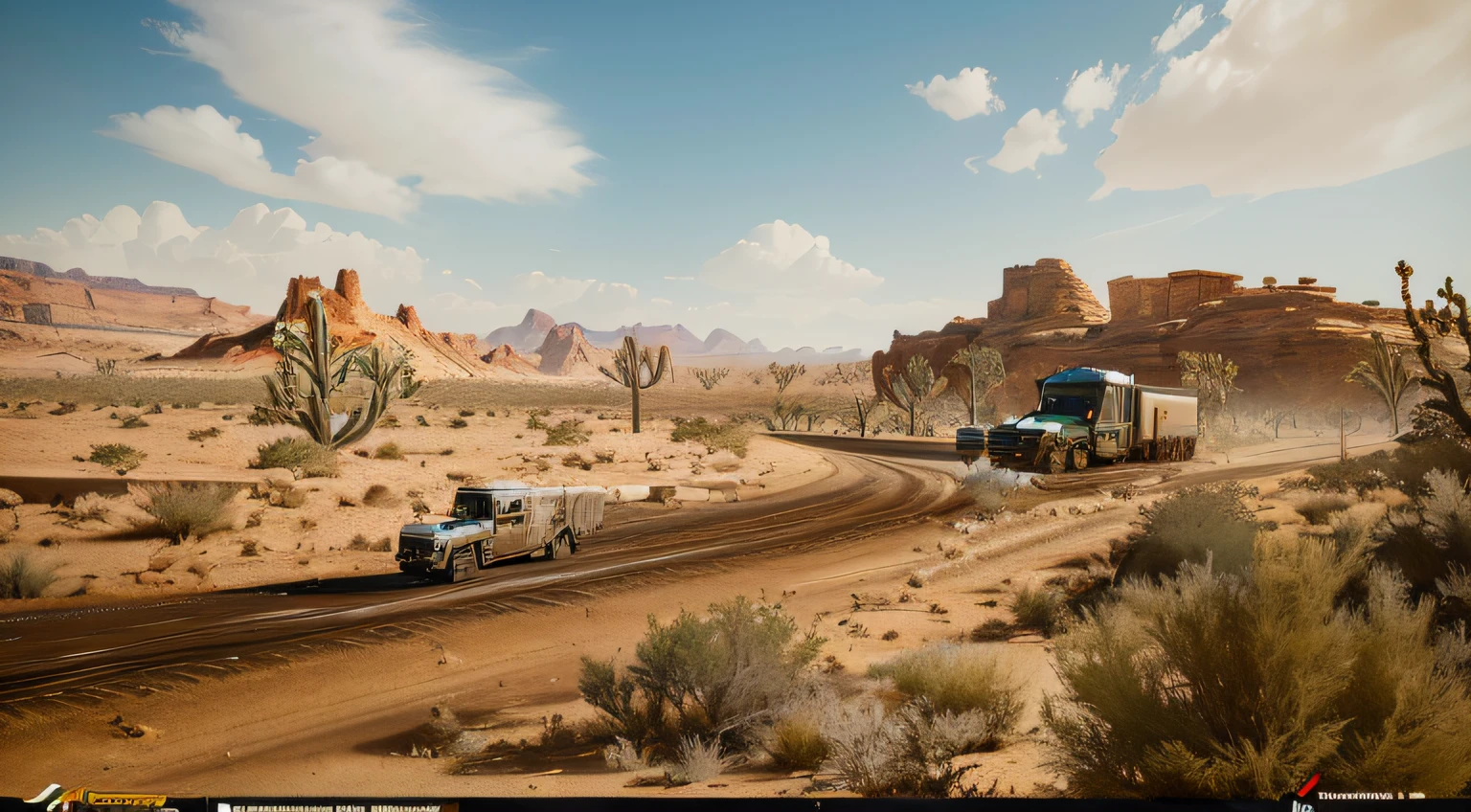 There is a truck driving in the desert, dusty unreal engine, Unreal Engine 5 environment, Desert environment, hyper-realistic environment, fallout environment, cinematic environment, render in unreal engine 5, realistic unreal engine 5, rendered in unreal 5, highly detailed environments, created in unreal engine 5, Cryogenic engine octane rating, realistic unreal engine 3 d game