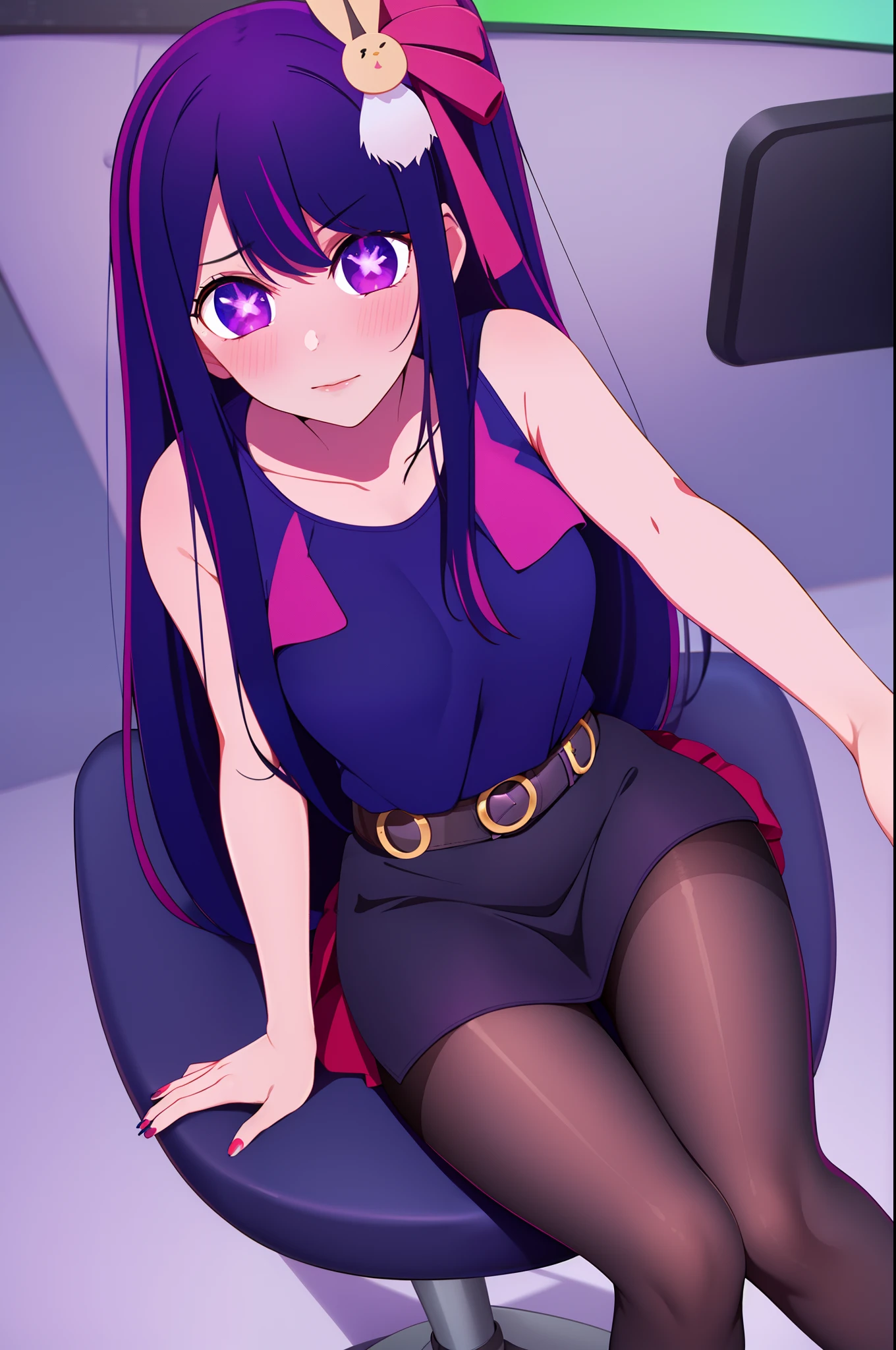 masterpiece, best quality, purple color hair, purple eyes, 1girl, solo, looking at viewer, blush, skirt, shirt, long hair, hair over one eye, hair ornament, bare shoulders, sitting, full body, pantyhose, thighs, shoes, sleeveless, alternate costume, belt, black skirt, nail polish, black footwear, high heels, legs, black pantyhose, bare arms, sleeveless shirt, blue shirt, pencil skirt, blue nails, knee up, contemporary, office lady, id card, office chair,