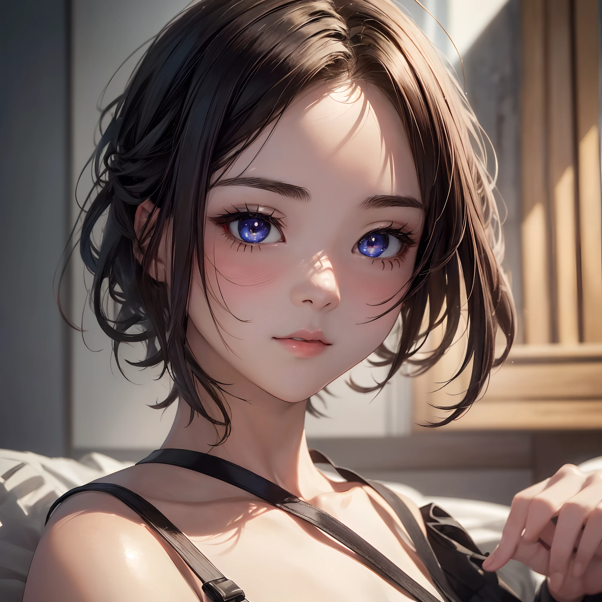 1girl in, (((shorth hair))), sideshot,(​masterpiece, top-quality, Near and far law, depth of fields:1.5), beautiful countenance, 8K, Raw foto, absurderes, Impresionismo, nffsw, Photorealsitic, film grains, chromatic abberation, hight resolution, ultra-detailliert, finely detail, 动态照明, Dramatic Lighting、shadowy、extremely detailed eye and face、Round pupils、Realistic pupils、full body Esbian、clean back ground