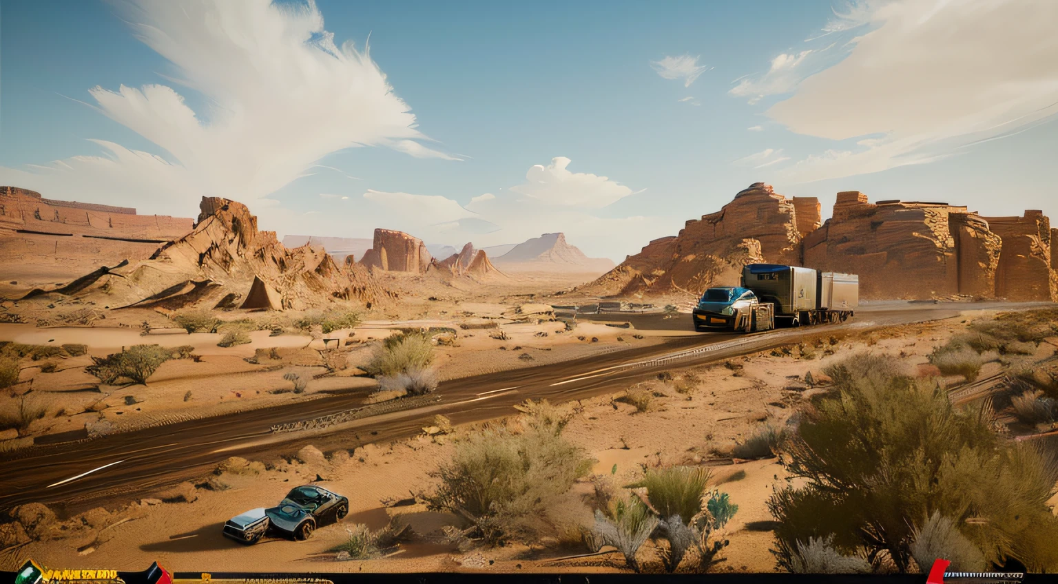 There is a truck driving in the desert, dusty unreal engine, Unreal Engine 5 environment, Desert environment, hyper-realistic environment, fallout environment, cinematic environment, render in unreal engine 5, realistic unreal engine 5, rendered in unreal 5, highly detailed environments, created in unreal engine 5, Cryogenic engine octane rating, realistic unreal engine 3 d game