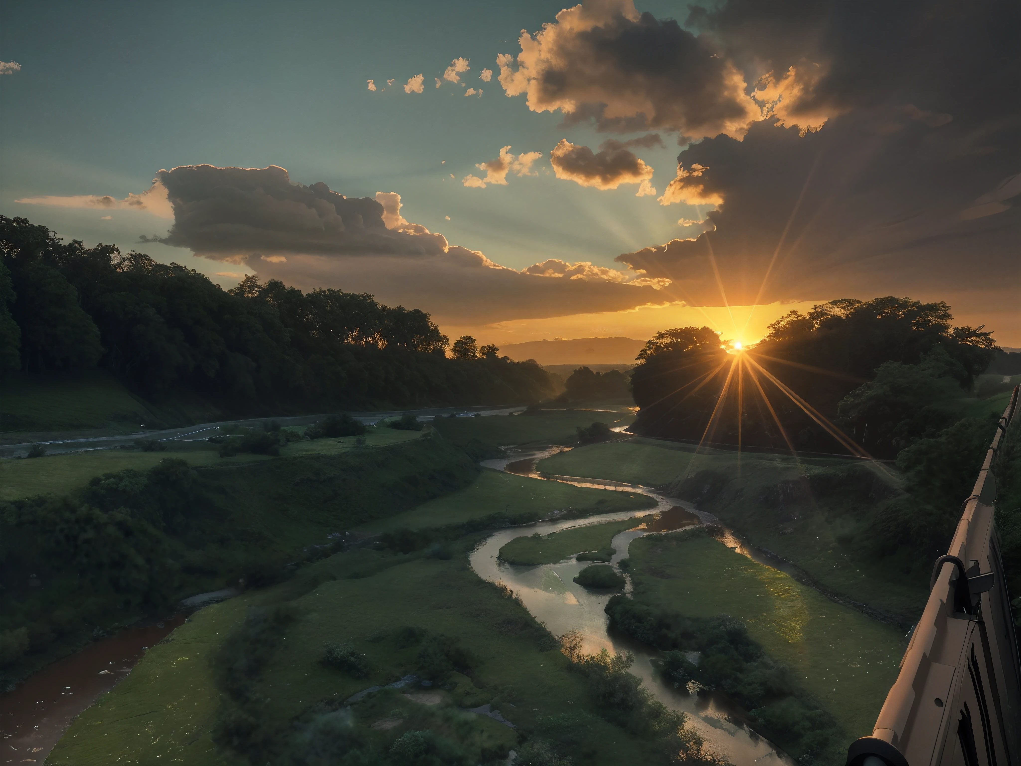 Make the image environment well lit by natural lighting, change the sky to during sunset with little clouds, add some more rivers down the valley, reflection on sun should be visible on river, make the vegetation more green and lush, ultra realistic high resolution photorealism 4k image