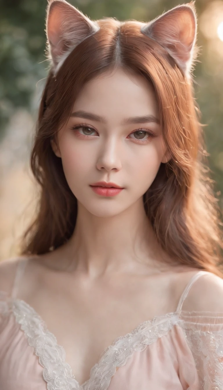 Best Quality,4K,8K,hight resolution,masutepiece:1.2,Ultra-detailed,Realistic:1.37,Cute,Girly,Portrait Style,Long hair,Cat ears，Sparkling eyes,Piercing eyes,Cat-like eyes,Beautiful face,Rose cheeks,Soft and perfect skin,Young look,Pouty lips,Cat ears,Delicate anchor necklace,Stylish outfit,shoulder-length hair,Similar to Korean fashion,Trendy,glowing lights,Pastel colors,subtle shadows,Fairytale atmosphere,Ethereal background, dreamy scene，Raw photo