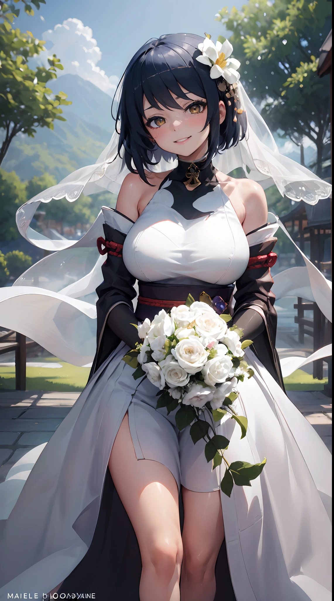 Kujou Sara | genshin impact, master-piece, bestquality, 1girls,25 years old, proportional body, proportional., Wedding Dresses, White Wedding Dress, Long skirt, wedding, ,bara, Standing in the middle of a flower garden, outdoor, wedding, The sky is beautiful, In a paradise of love and happiness............................................., The bride wears a Japanese dress and a seductive smile............................................., The passage of time stops at theirs............................................., On this wedding day of love and happiness............................................., Bright and beautiful flowers, Holding it in her hands symbolizes the envelopment of love............................................., Love and friendship through the transmission of flowers, In a paradise of love and happiness............................................., A bride in a yukata wearing a masika............................................., It is a form of beauty and elegance............................................., Show your spouse your heart............................................, In a paradise of love and happiness............................................., Kochikugisa is the tree of new beginnings............................................., And their love and affection.........................................., And suck a lot of love............................................., Flowers represent love and peace............................................., In a paradise of love and happiness............................................., View viewers from the front., Thigh strap, Head tilt, bored, 10, 10, HD, slight smile,