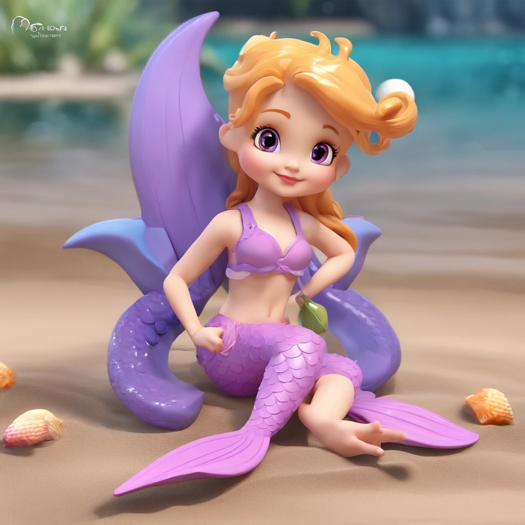 super cute  mermaid ip by pop mart, olhos brilhantes, beira da piscina pequena, mata, mar, sereia, argila, Modelos, um brinquedo de caixa cega, negra, Brilhante e forte,fundo limpo, Bom brilho, Better quality 3D rendering, calda azul, shades of Lilac