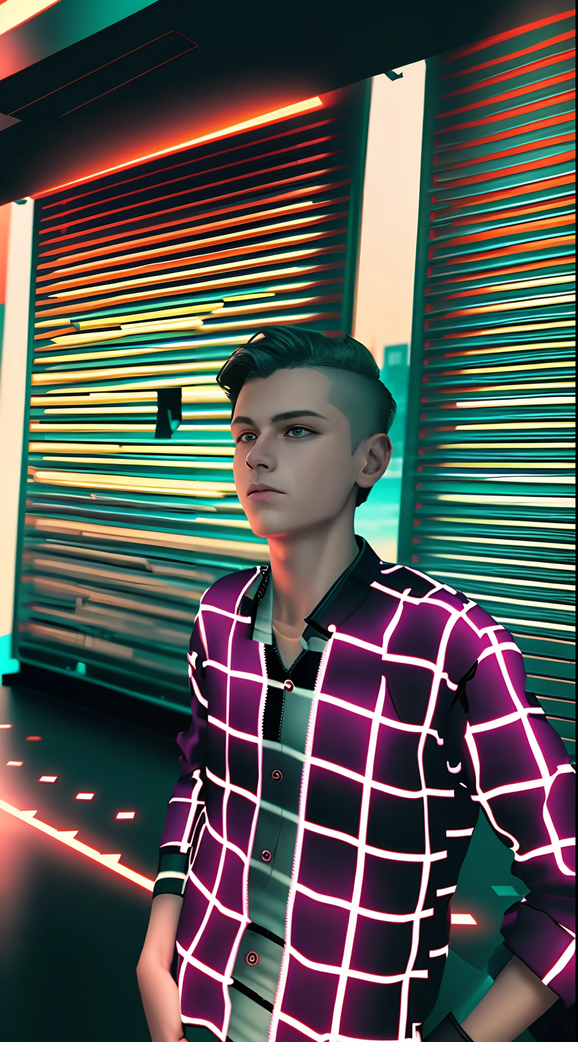 change background cyberpunk, 18 year old boy, ultra realistic, dynamic jacket, sunset