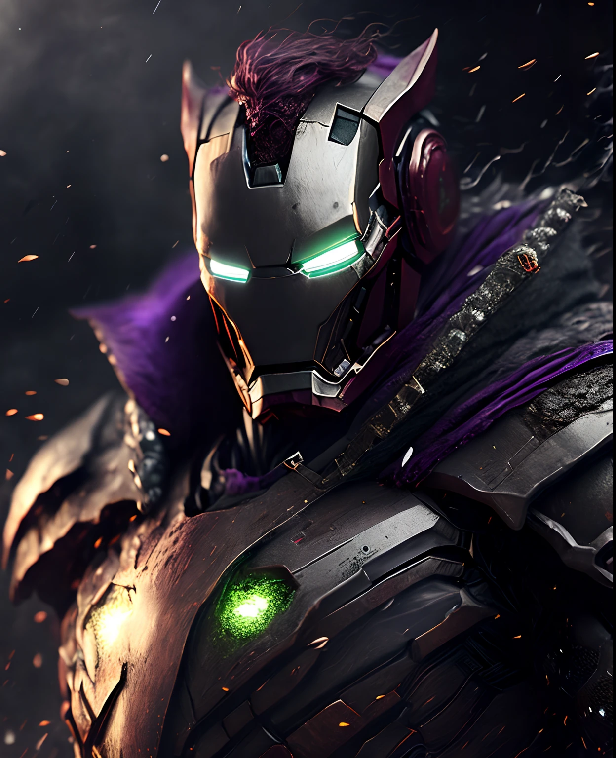 Close-up (Joker Iron Man in Viking style: 1.3) emerging from wet black mud, extremely detailed, smoke, sparks, metal shavings, flying debris, volumetric light