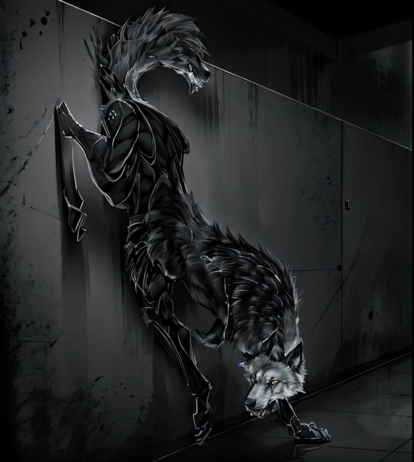 Basic wolf line art, climbing off the wall, Profile Picture, The wolf gets down from the wall, Profile view, detailed full body concept, LineArt Behance HD, lines, hyper detailed line art, Stylized Lines Scary Wolf, Dark fur, looking at the viewer, Dark corridor background, Large teeth, Angry look, Cinematic, (Photorealistic:1.4), 8K UHD, (hyper realistic), (photorealestic), (Masterpiece), (Best Quality)