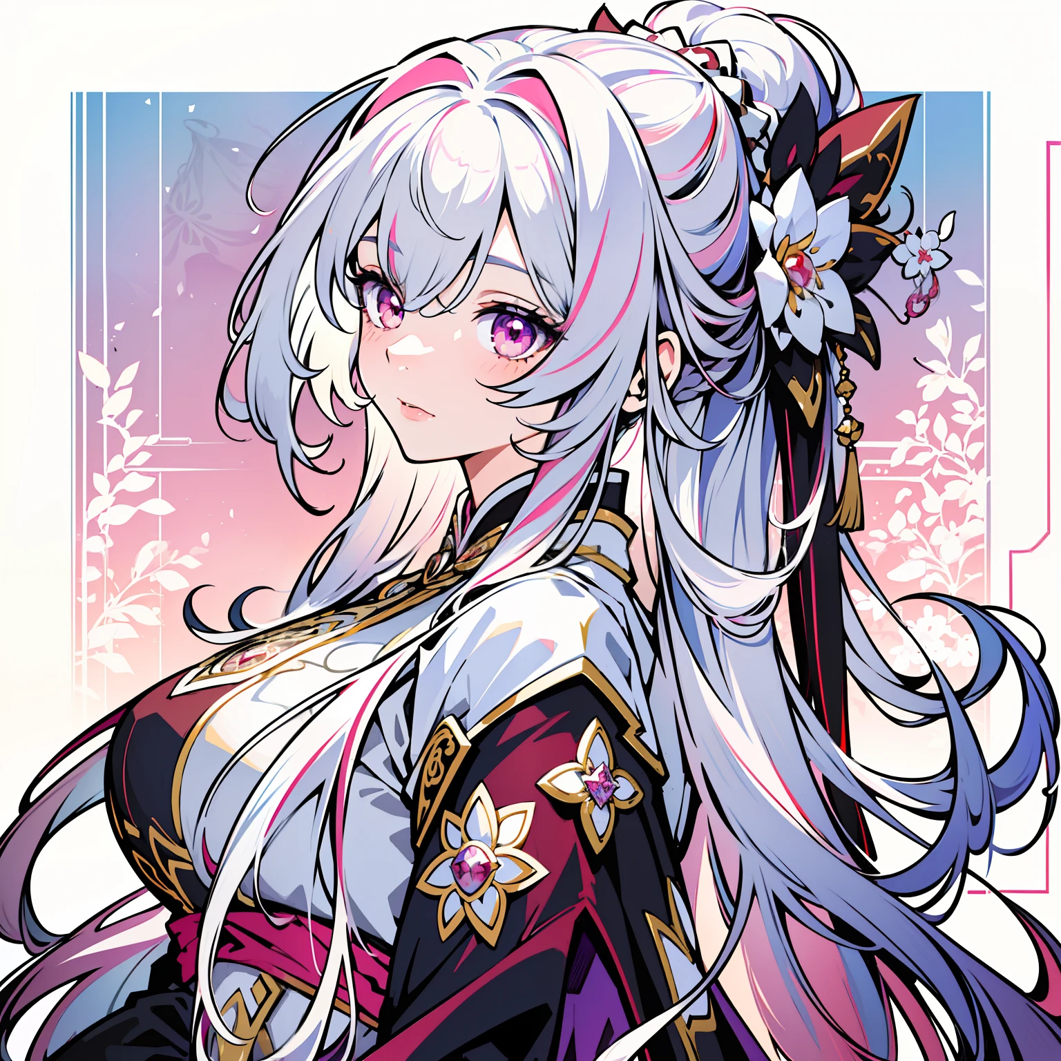 masterpiece, bestquality, official art, high-detail, illustration,
1 girl, Upper body, detailed eyes, Light pink eyes,
Hanfu pink gradient, Intricate patterns, luxury dress, Dynamic Poses,
(Long rainbow hair:1.1), (White Hair:1.2), floating hair, Light pink hair ends, (knit:0.8) gradient hair,