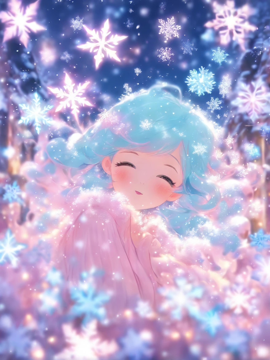 Pink and blue background with snowflakes and stars, a pastel by Ayako Rokkaku, Tumblr, holography, Light snow, pastel faded effect, Snowy background, Light snowfall, background is heavenly, Snowflakes fluttering, snowflower, Gentle background, background pastel, glowing snow, snowflower, Bokeh rainbow accent, snowflakes falling, Magical background