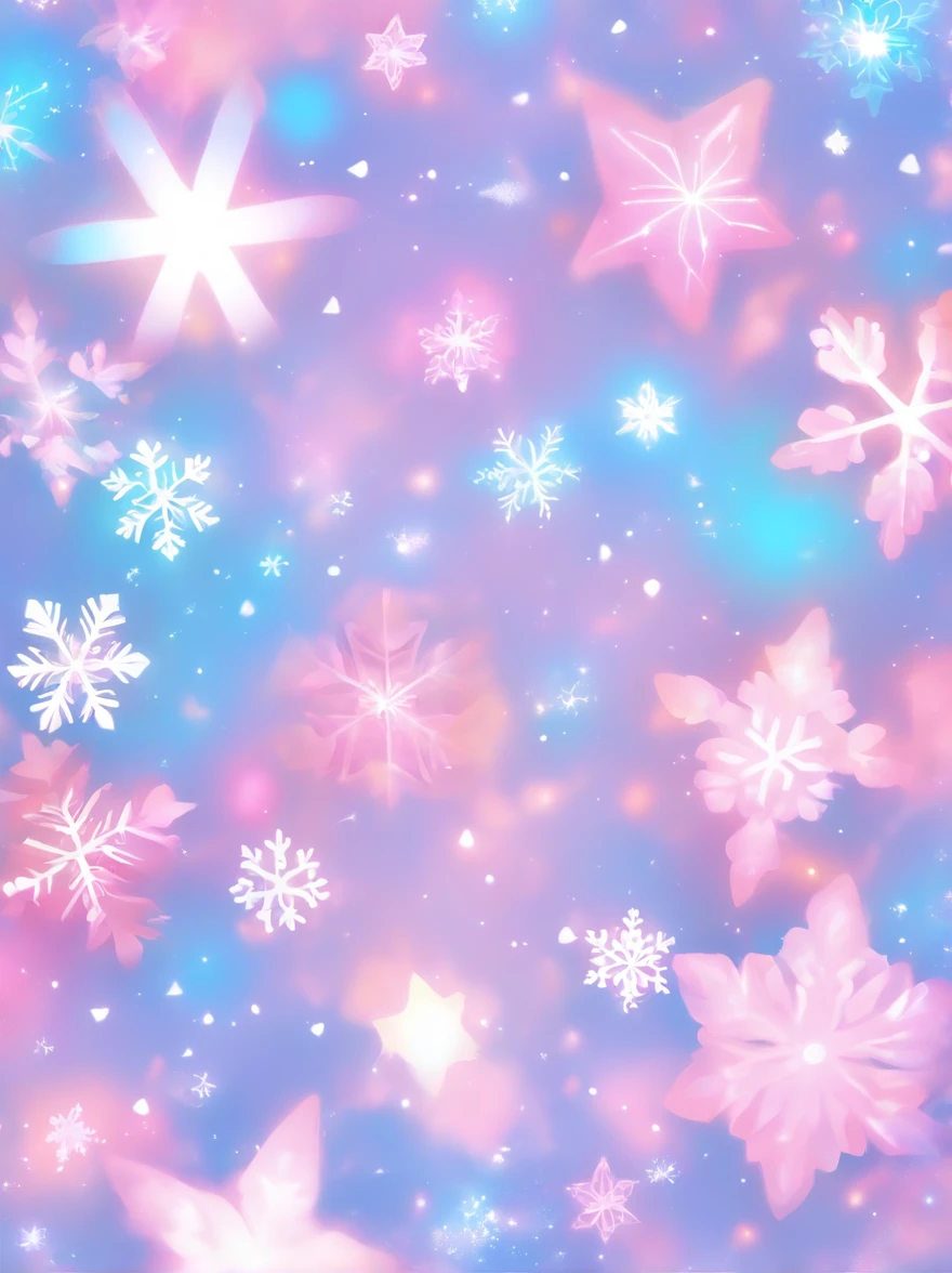 Pink and blue background with snowflakes and stars, a pastel by Ayako Rokkaku, Tumblr, holography, Light snow, pastel faded effect, Snowy background, Light snowfall, background is heavenly, Snowflakes fluttering, snowflower, Gentle background, background pastel, glowing snow, snowflower, Bokeh rainbow accent, snowflakes falling, Magical background