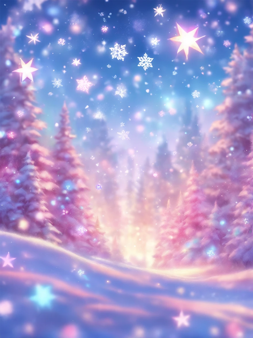 Pink and blue background with snowflakes and stars, a pastel by Ayako Rokkaku, Tumblr, holography, Light snow, pastel faded effect, Snowy background, Light snowfall, background is heavenly, Snowflakes fluttering, snowflower, Gentle background, background pastel, glowing snow, snowflower, Bokeh rainbow accent, snowflakes falling, Magical background