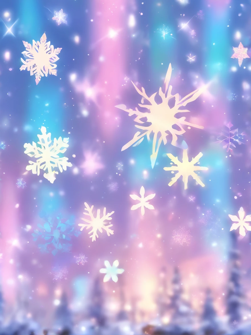 Pink and blue background with snowflakes and stars, a pastel by Ayako Rokkaku, Tumblr, holography, Light snow, pastel faded effect, Snowy background, Light snowfall, background is heavenly, Snowflakes fluttering, snowflower, Gentle background, background pastel, glowing snow, snowflower, Bokeh rainbow accent, snowflakes falling, Magical background