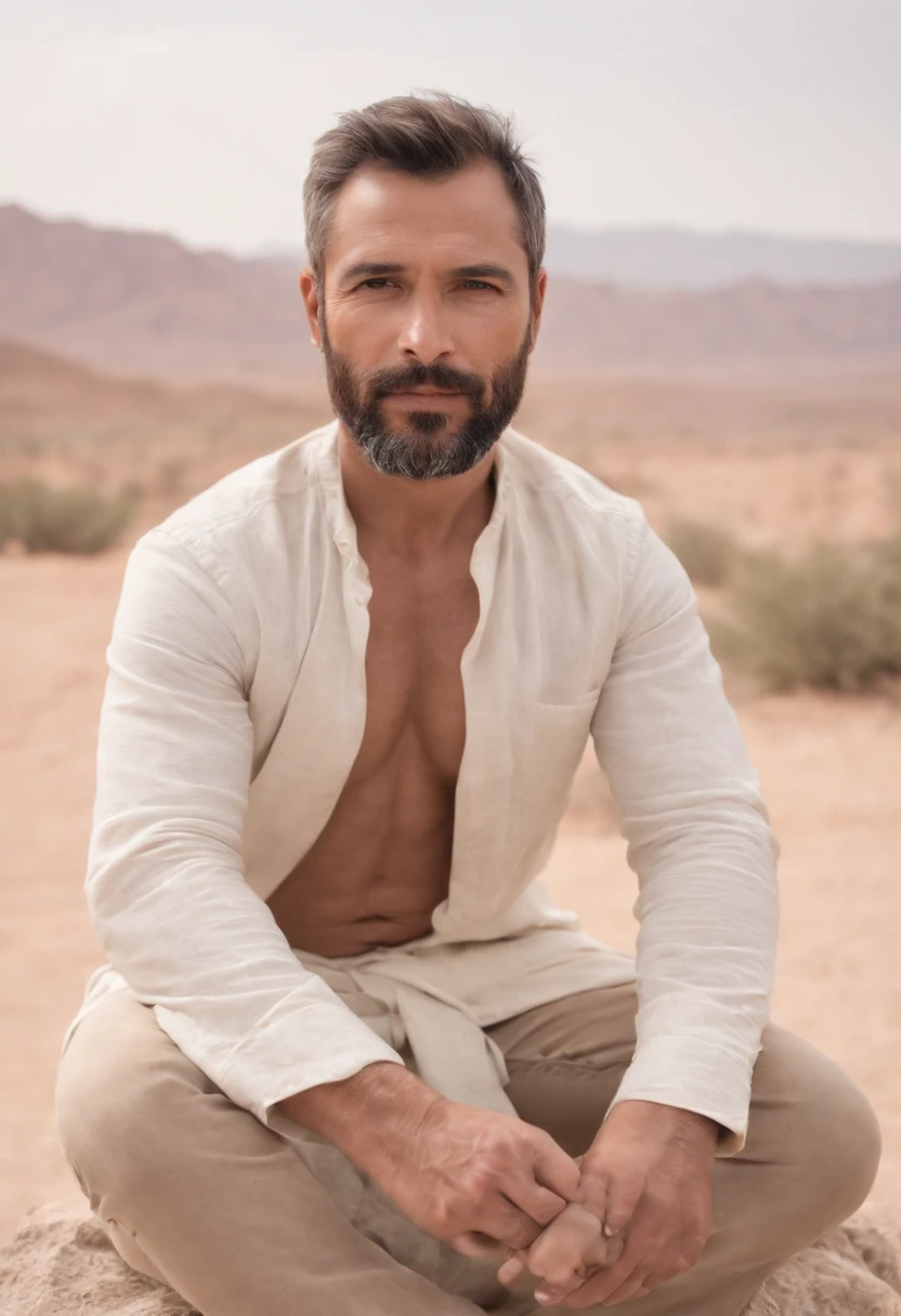 Un homme latino avec une barbe courte,, maigre, 55 ans,Maintenant, erect,  grand, pose sensuelle , Sitting on a stone with open legs in the desert under the sun