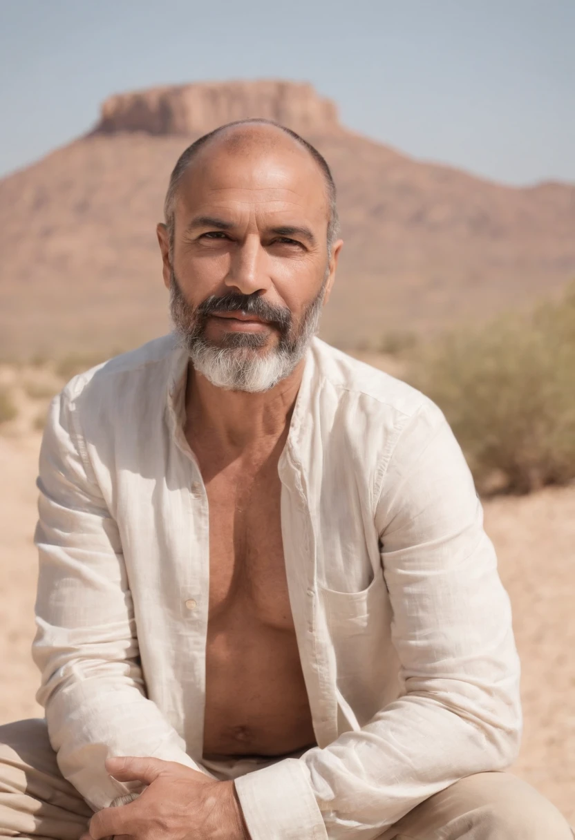 Un homme latino avec une barbe courte,, maigre, 55 ans,Maintenant, erect,  grand, pose sensuelle , Sitting on a stone with open legs in the desert under the sun