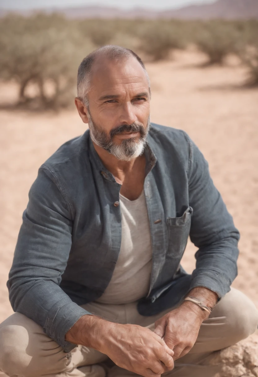 Un homme latino avec une barbe courte,, maigre, 55 ans,Maintenant, erect,  grand, pose sensuelle , Sitting on a stone with open legs in the desert under the sun