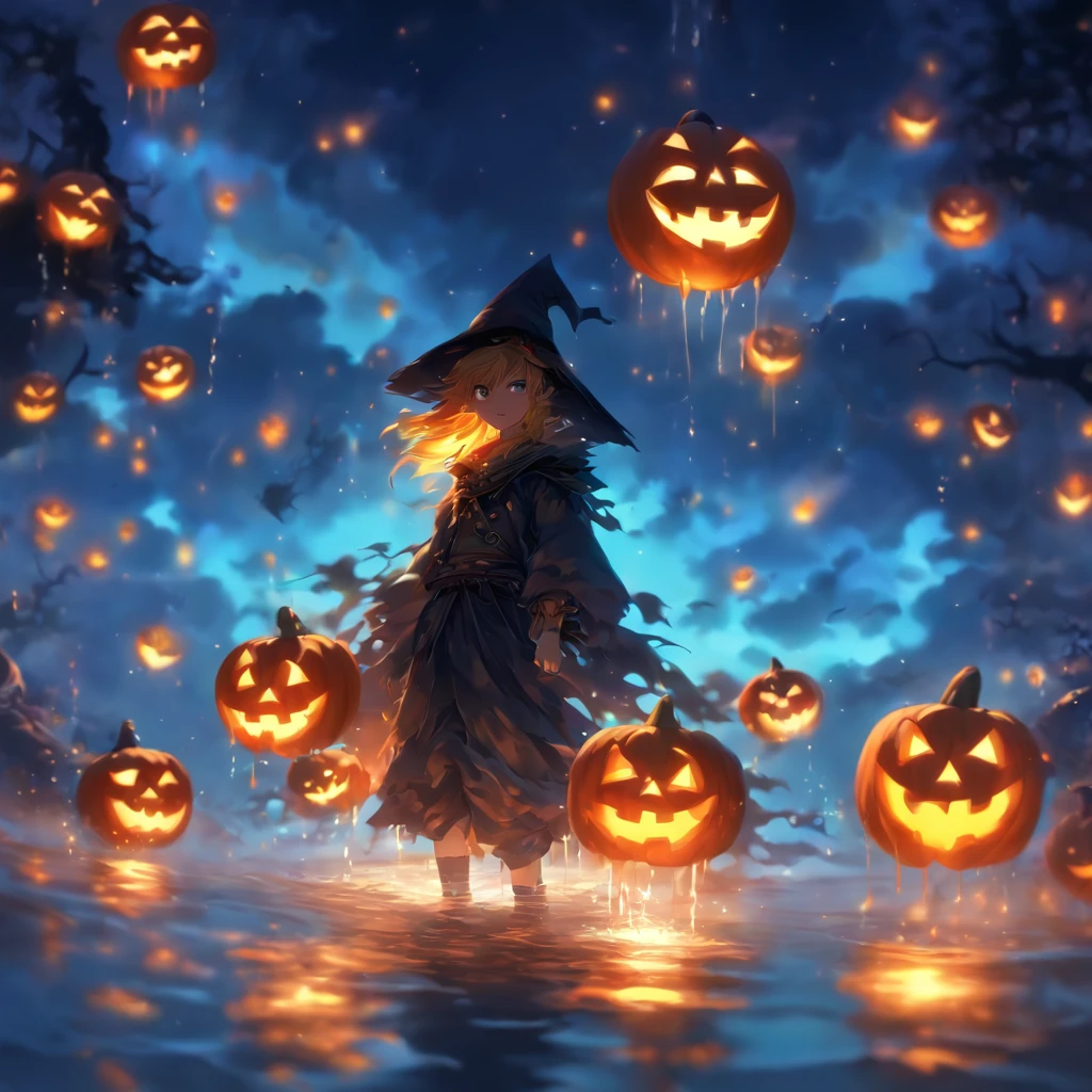 Halloween floating lights, cinematic light and reflections, Glowing lights, Intermediate metaverse elements，Digital painting, glowing reflections, Pondering, Halloween Jack Lantern, calm evening, Digital illustration, Beautiful atmosphere, Skylight at night, Peaceful evening atmosphere, Jack-o'-lantern, Halloween, the night, themoon, game scenes, Halloween, Surrounded by clouds, ( (Splash ink ) ), ((Splash ink) Inky})), tmasterpiece, high qulity, Beautiful graphics, high detal,Magnificent