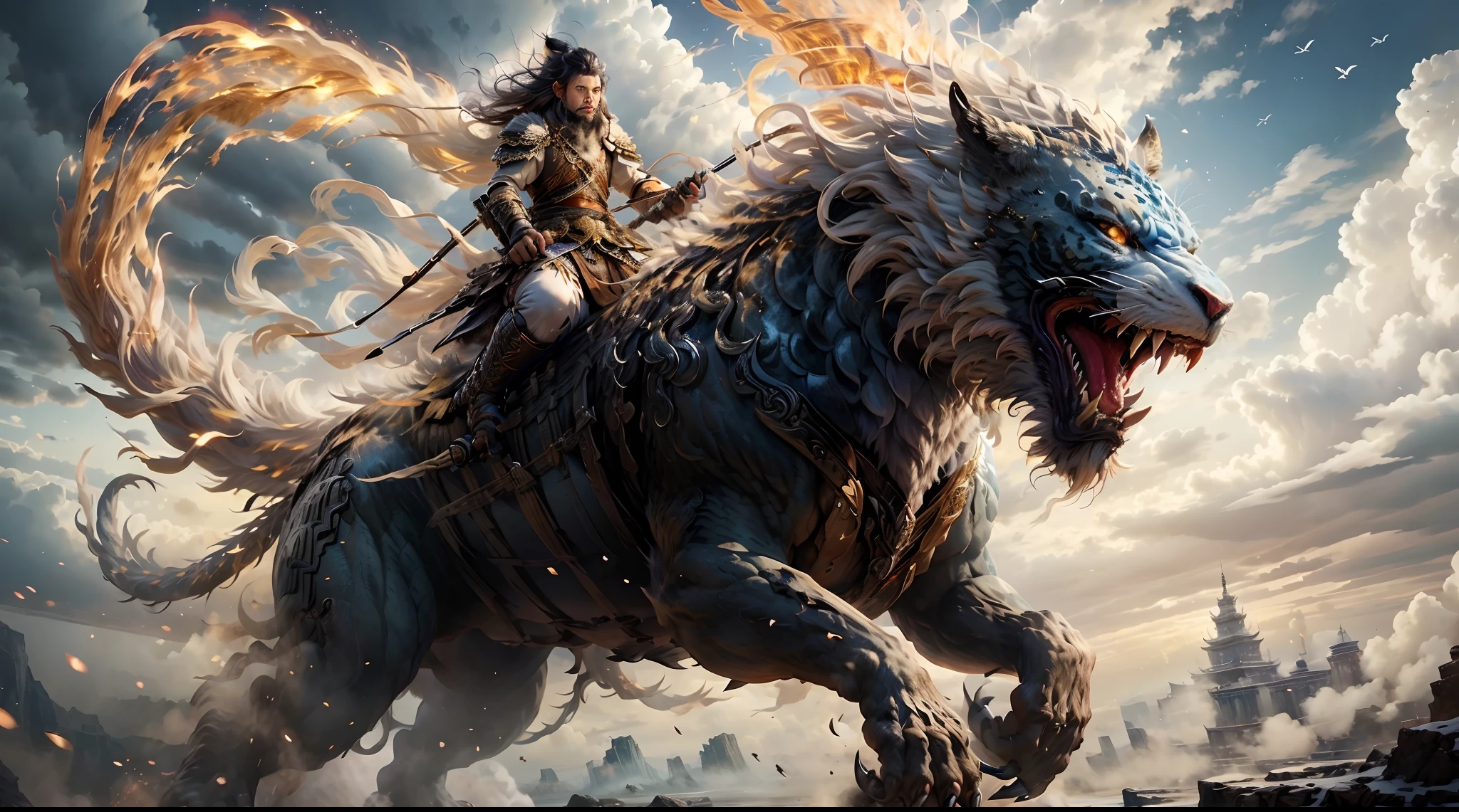Great Wilderness East Meridian,dream-state、fanciful、tigre、Powerful wings,tmasterpiece,Toenails,sickle,salama,Layered hair,White fur,Riding,超高分辨率,high high quality,Export details