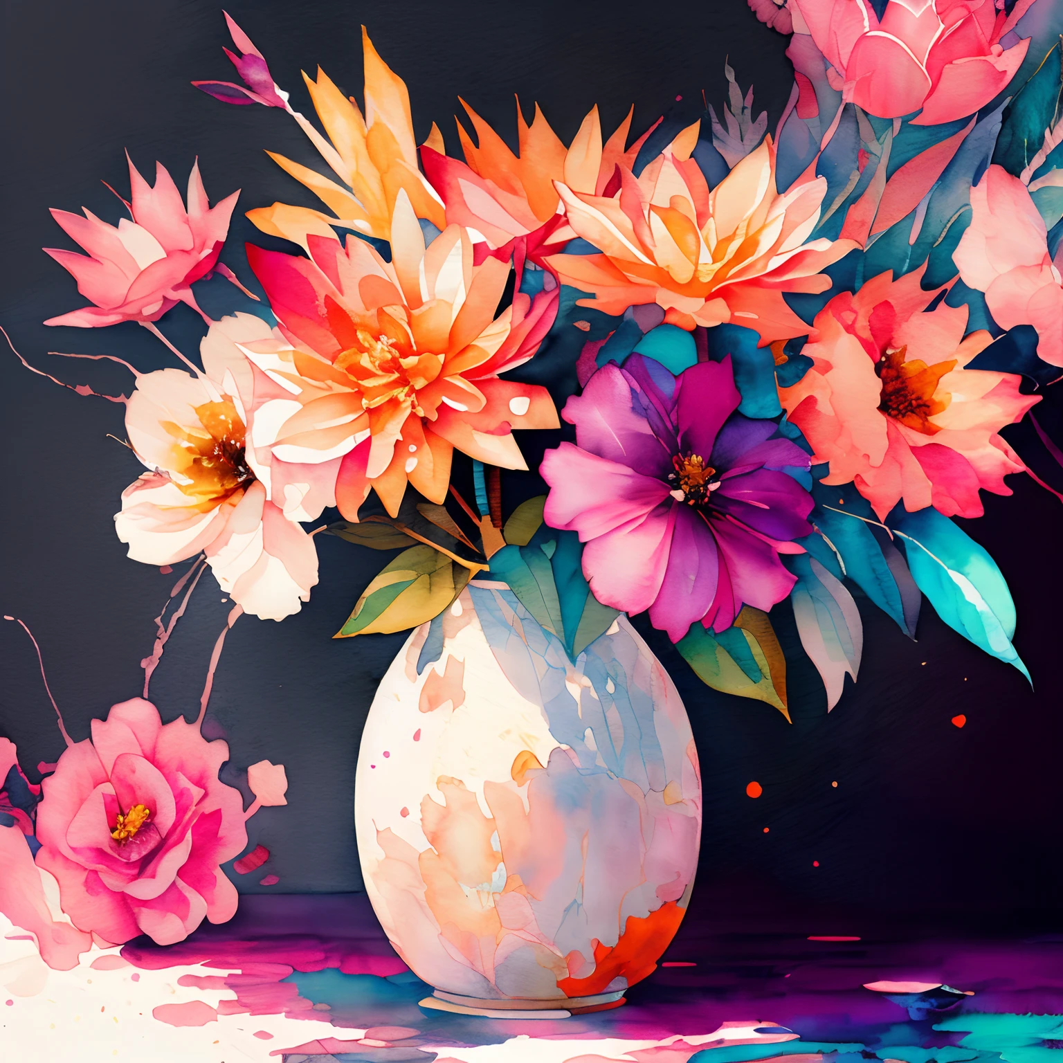 wtrcolor style, black canvas, Digital art of a vase with flowers, official art, masterpiece, Beautiful, ((watercolor)), paint splatter, intricate details. Highly detailed, detailed flower, [dripping:0.5], Trending on artstation, by Rachel Walker,