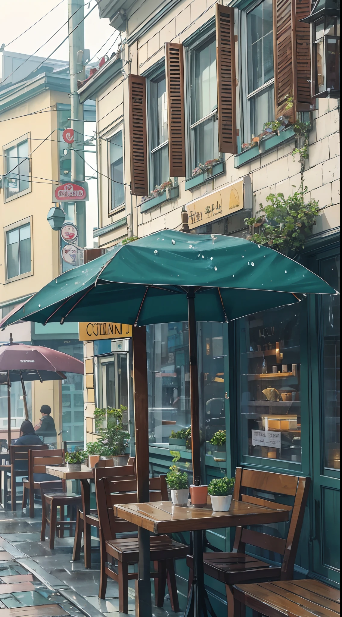 Picture a cozy, quaint cafe on a street corner. It's a rainy morning, and the cafe's windows are fogged up from the warmth inside. People are passing by with umbrellas, and the city's usual hustle and bustle is in the background.