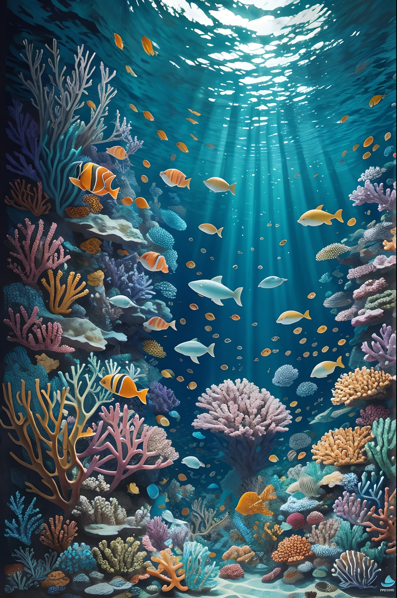 A captivating mosaic tile wall inspired in marine life, coral reefs, and underwater scenes with our groundbreaking art, create mesmerizing mosaic tile artwork, while seamlessly blending in the vibrant beauty of the ocean tile art, behance contest winner,maximalist