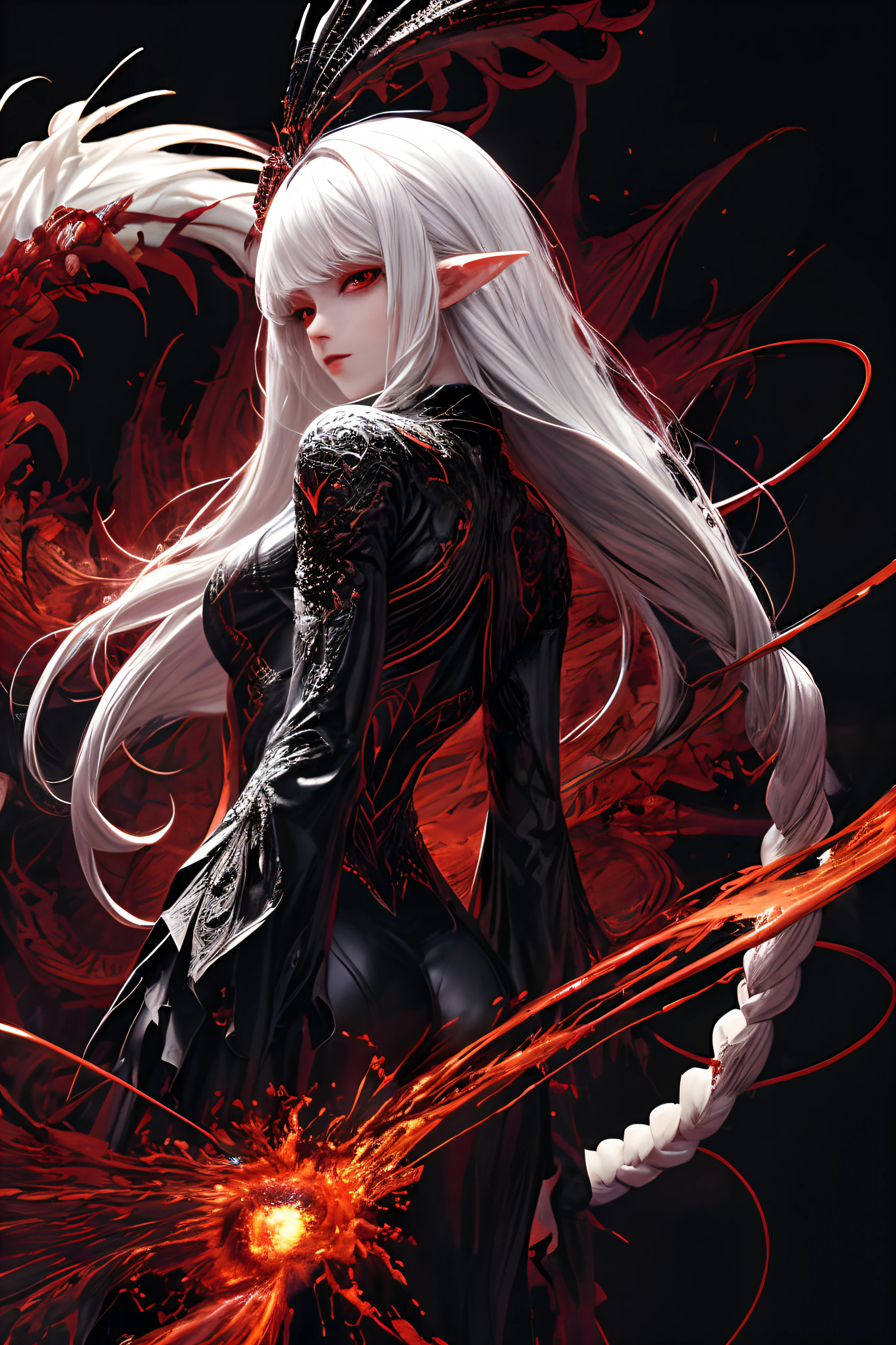 masterpiece, best quality, ultra-detailed, absurdres, colorful, 1girl, solo, (solid red eyes:1.0), (white hair, long hair, straight hair, hair over one eye:1.0), detailed eyes, wide-eyed, eyelashes, (upper body:0.8), monster girl, side view, glowing eyes, tilted head, night, black suit, pointy ears, horror, dark, black background, looking at viewer, crown, high contrast, backlighting, (standing:0.8), aura, fractal background, chaotic, spiral, demon horns, energy, mosaic, inferno