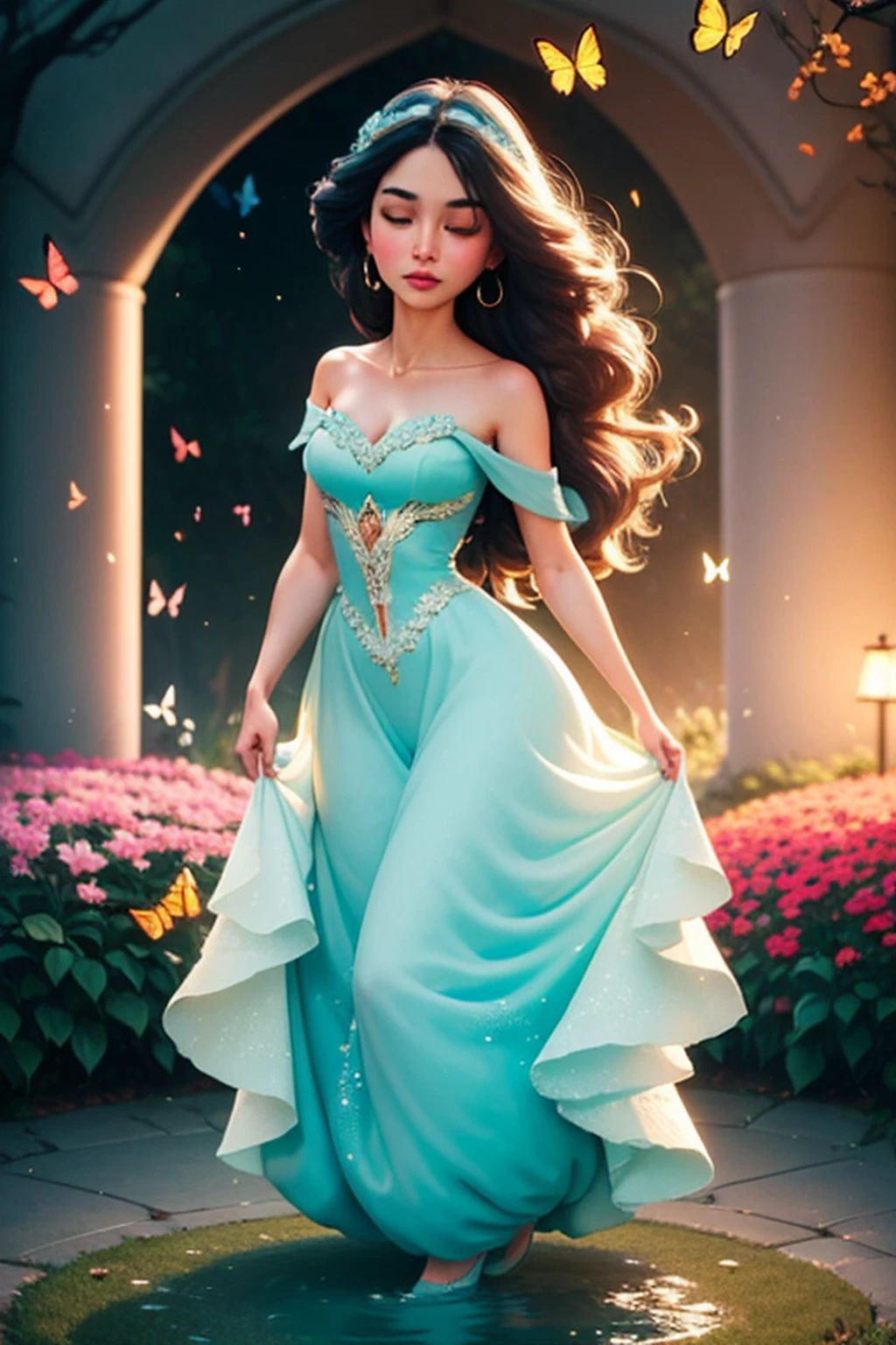(8k, RAW photo:1.2),1 girl,(long hair:1.31),earrings, hair rings, necklace, cinematic lighting, best quality, ultra high res, (photorealistic:1.3), POV ,(solo:1.1), (looking at viewer:1.331),(parted lips:1.1), (eyelashes:1.1), (happy:1.21), (depth of field:1.1), lens flare, (chromatic aberration:1.1), (caustics:1.1), (scattered luminous petals:1.331), 25 year old indian girl, indian face, beautiful body, beautiful face, (((dream asymmetric dress))), (((full body))), ((high heels))
