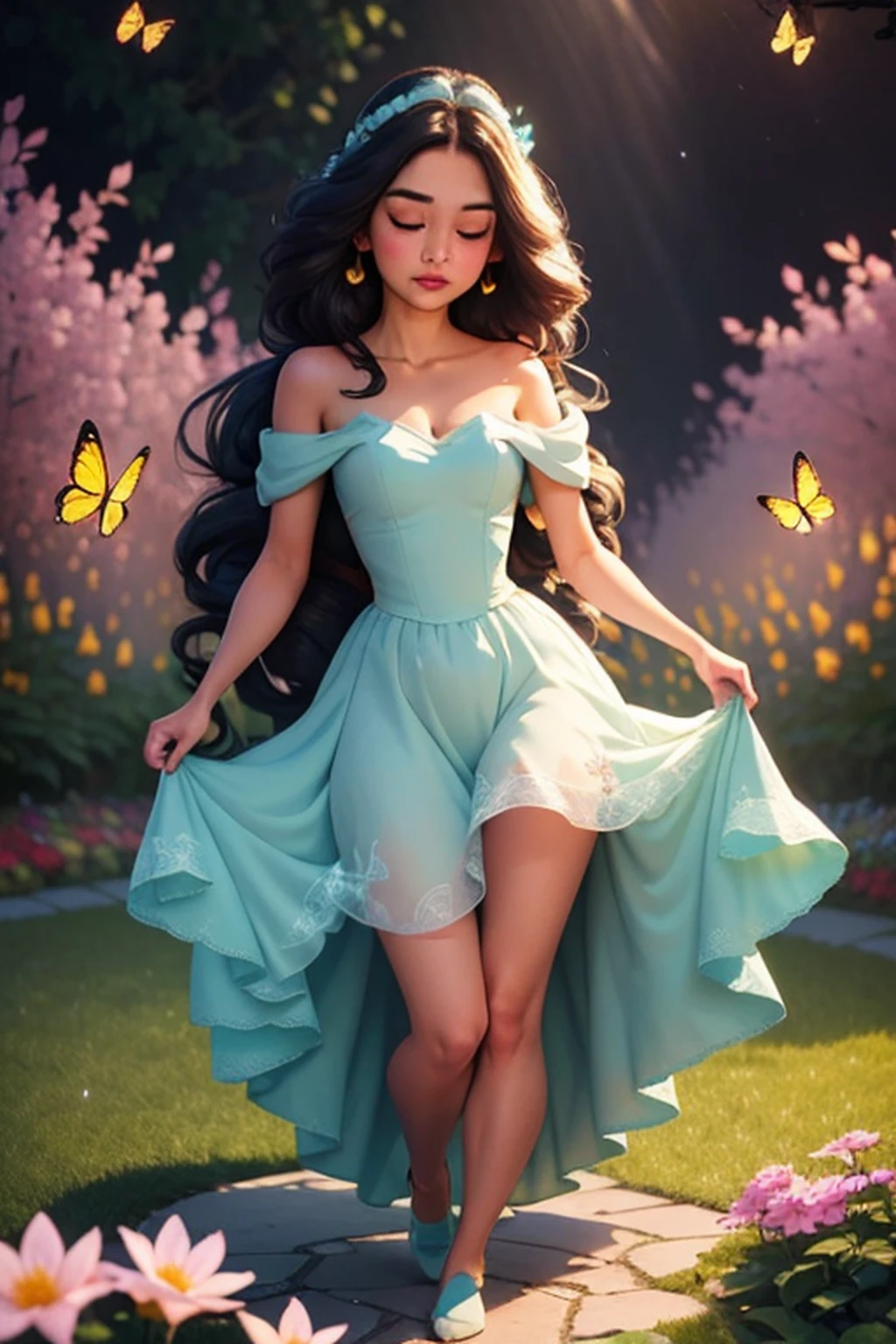 1girl, solo, full body, (masterpiece:1.21), (best quality:1.2), colorful, (illustration:1.2), (cinematic lighting:1.1), (bare shoulders:1.21), (collarbone:1.21)
In this whimsical and fantastical garden, the scene is illuminated by a rainbow of (colorful fireflies), dancing and fluttering in the air. The garden is decorated by a gentle (drizzle), creating a misty and ethereal atmosphere. In the center of the scene, there is a single girl, an extremely delicate and beautiful girl, with cute features and an innocent expression. Her long hair is flowing with the wind. She is wearing no shoulder straps dress, which is ultra low cut, highlighting her delicate curves.

The lighting is very delicate and beautiful, creating a soft and warm glow that highlights the water, making it sparkle like diamonds. The finest grass is also illuminated, creating a lush and verdant carpet. The garden is surrounded by colorful flower fields, with blooms of every color and shape. (Colorful butterflies), of every shade and size, can be seen fluttering around the scene, adding to the overall sense of wonder and magic. (look ai viewer),A blush can be seen on her nose, and her mouth is slightly open, adding to the overall sense of innocence and youthfulness. Falling petals can be seen floating around her, adding to the overall sense of romance and beauty. A gentle wind is blowing through the scene, making the leaves rustle and the flowers sway, adding to the overall sense of movement and life. This is a scene of pure wonder and magic, filled with color and beauty, where the viewer can lose themselves in the enchanting and captivating world.