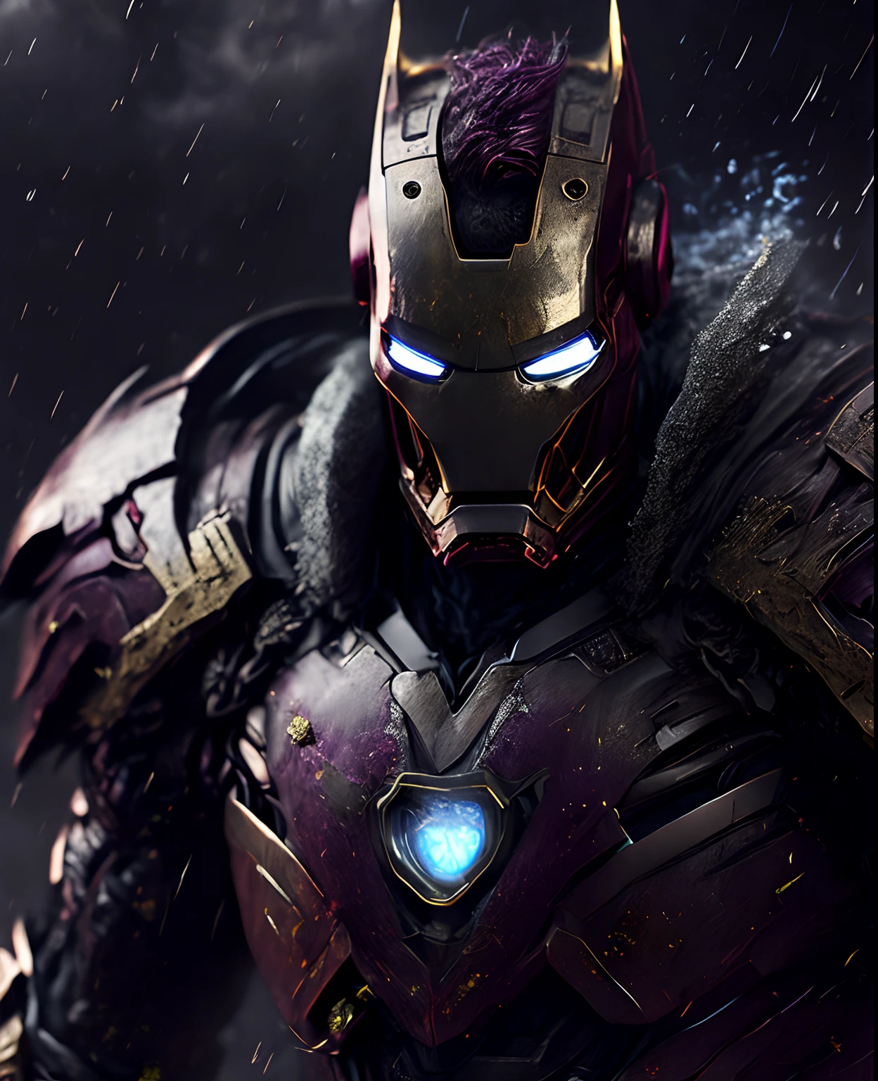 Close-up (Joker Iron Man in Viking style: 1.3) emerging from wet black mud, extremely detailed, smoke, sparks, metal shavings, flying debris, volumetric light