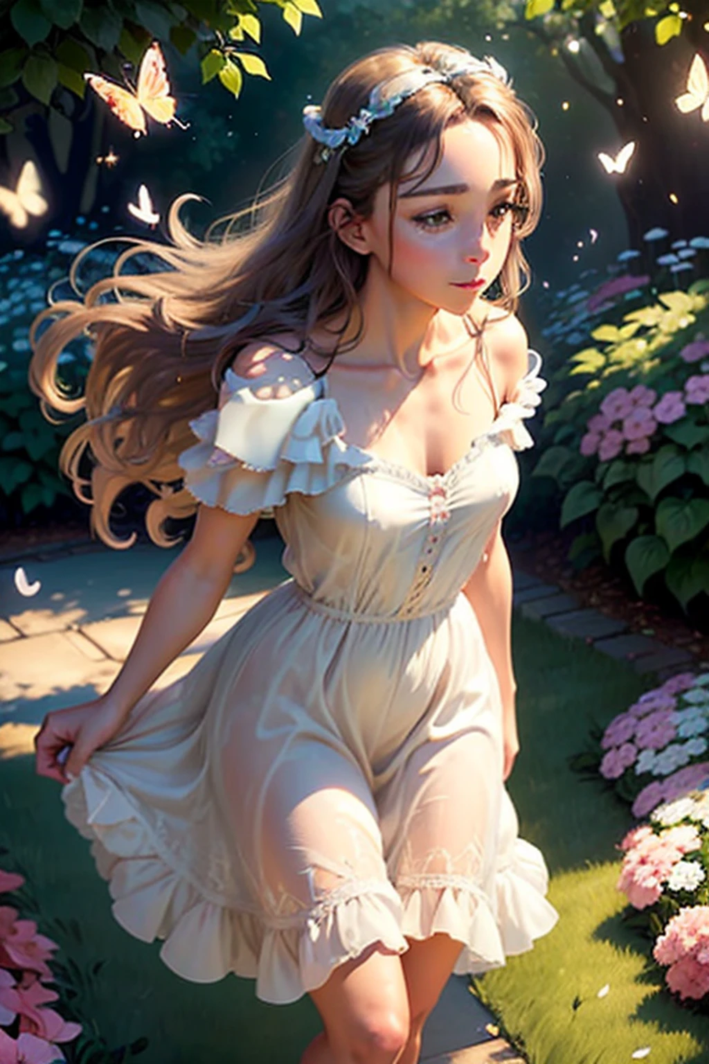 1girl, solo, full body, (masterpiece:1.21), (best quality:1.2), colorful, (illustration:1.2), (cinematic lighting:1.1), (bare shoulders:1.21), (collarbone:1.21)
In this whimsical and fantastical garden, the scene is illuminated by a rainbow of (colorful fireflies), dancing and fluttering in the air. The garden is decorated by a gentle (drizzle), creating a misty and ethereal atmosphere. In the center of the scene, there is a single girl, an extremely delicate and beautiful girl, with cute features and an innocent expression. Her long hair is flowing with the wind. She is wearing no shoulder straps dress, which is ultra low cut, highlighting her delicate curves.

The lighting is very delicate and beautiful, creating a soft and warm glow that highlights the water, making it sparkle like diamonds. The finest grass is also illuminated, creating a lush and verdant carpet. The garden is surrounded by colorful flower fields, with blooms of every color and shape. (Colorful butterflies), of every shade and size, can be seen fluttering around the scene, adding to the overall sense of wonder and magic. (look ai viewer),A blush can be seen on her nose, and her mouth is slightly open, adding to the overall sense of innocence and youthfulness. Falling petals can be seen floating around her, adding to the overall sense of romance and beauty. A gentle wind is blowing through the scene, making the leaves rustle and the flowers sway, adding to the overall sense of movement and life. This is a scene of pure wonder and magic, filled with color and beauty, where the viewer can lose themselves in the enchanting and captivating world.