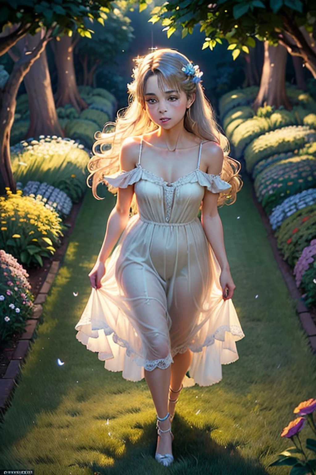 1girl, solo, full body, (masterpiece:1.21), (best quality:1.2), colorful, (illustration:1.2), (cinematic lighting:1.1), (bare shoulders:1.21), (collarbone:1.21)
In this whimsical and fantastical garden, the scene is illuminated by a rainbow of (colorful fireflies), dancing and fluttering in the air. The garden is decorated by a gentle (drizzle), creating a misty and ethereal atmosphere. In the center of the scene, there is a single girl, an extremely delicate and beautiful girl, with cute features and an innocent expression. Her long hair is flowing with the wind. She is wearing no shoulder straps dress, which is ultra low cut, highlighting her delicate curves.

The lighting is very delicate and beautiful, creating a soft and warm glow that highlights the water, making it sparkle like diamonds. The finest grass is also illuminated, creating a lush and verdant carpet. The garden is surrounded by colorful flower fields, with blooms of every color and shape. (Colorful butterflies), of every shade and size, can be seen fluttering around the scene, adding to the overall sense of wonder and magic. (look ai viewer),A blush can be seen on her nose, and her mouth is slightly open, adding to the overall sense of innocence and youthfulness. Falling petals can be seen floating around her, adding to the overall sense of romance and beauty. A gentle wind is blowing through the scene, making the leaves rustle and the flowers sway, adding to the overall sense of movement and life. This is a scene of pure wonder and magic, filled with color and beauty, where the viewer can lose themselves in the enchanting and captivating world.