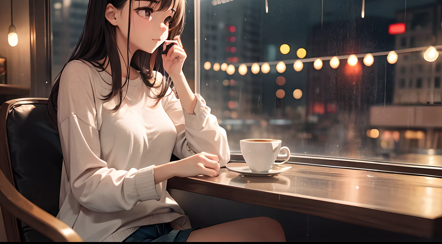 There is a woman sitting at a table with a cup of coffee - SeaArt AI