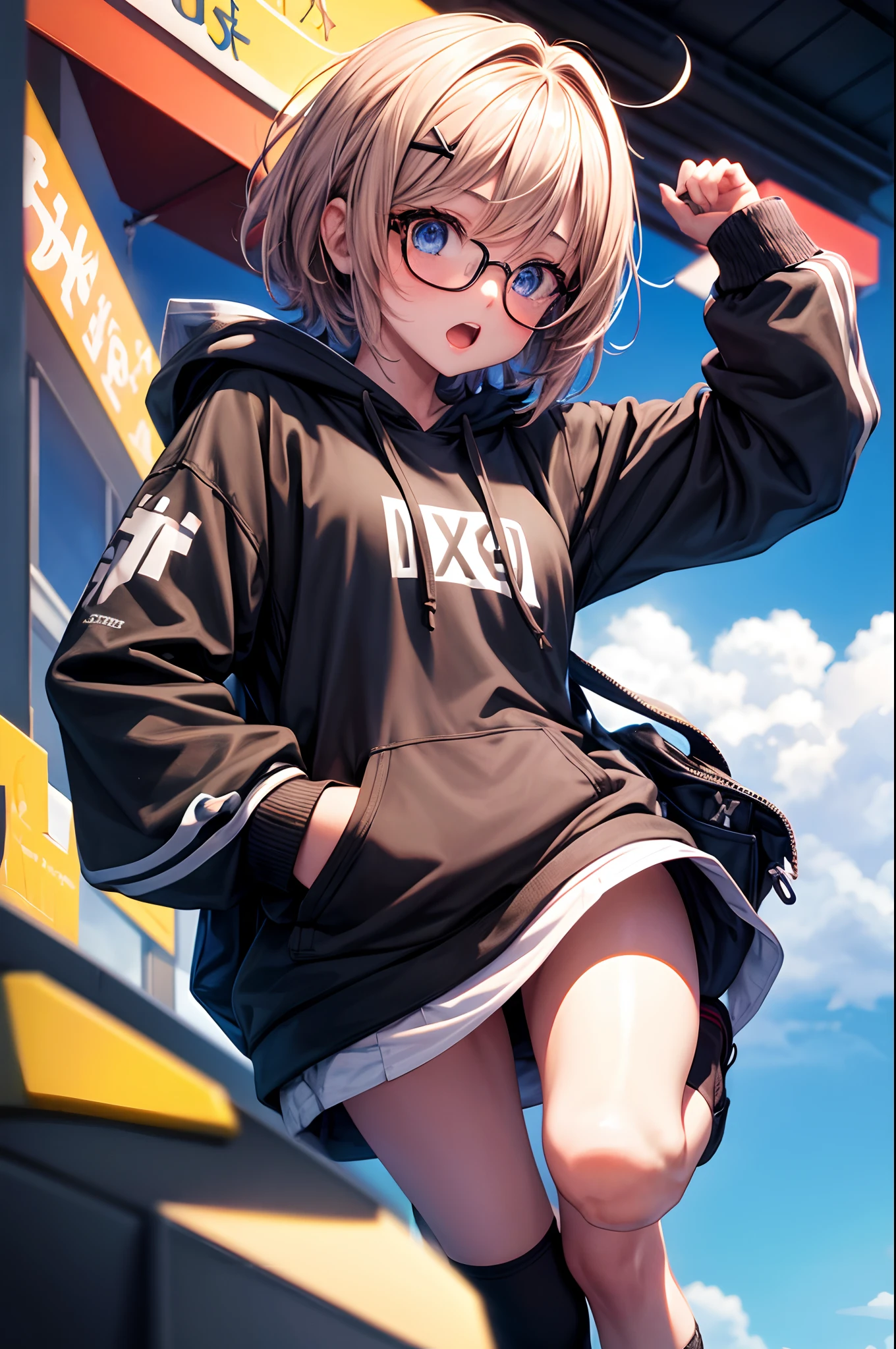 wear a hoodie, Describes the background extensively, Hand over the lunch box with both hands, blush, Describing up to the knee, Wear black knee-high socks that go all the way up to the thigh., hair behind ear, short hair, expressive hair, over-rim eyewear, x hair ornament, open mouth, hair dyed brown, full body, kitchen, anime style, anime, from below, best quality, super detail, textured skin, UHD, 4K