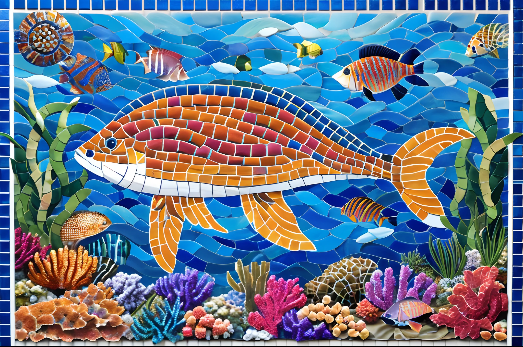 A captivating mosaic tile wall inspired in marine life, coral reefs, and underwater scenes with our groundbreaking art, create mesmerizing mosaic tile artwork, while seamlessly blending in the vibrant beauty of the ocean tile art, behance contest winner,maximalist