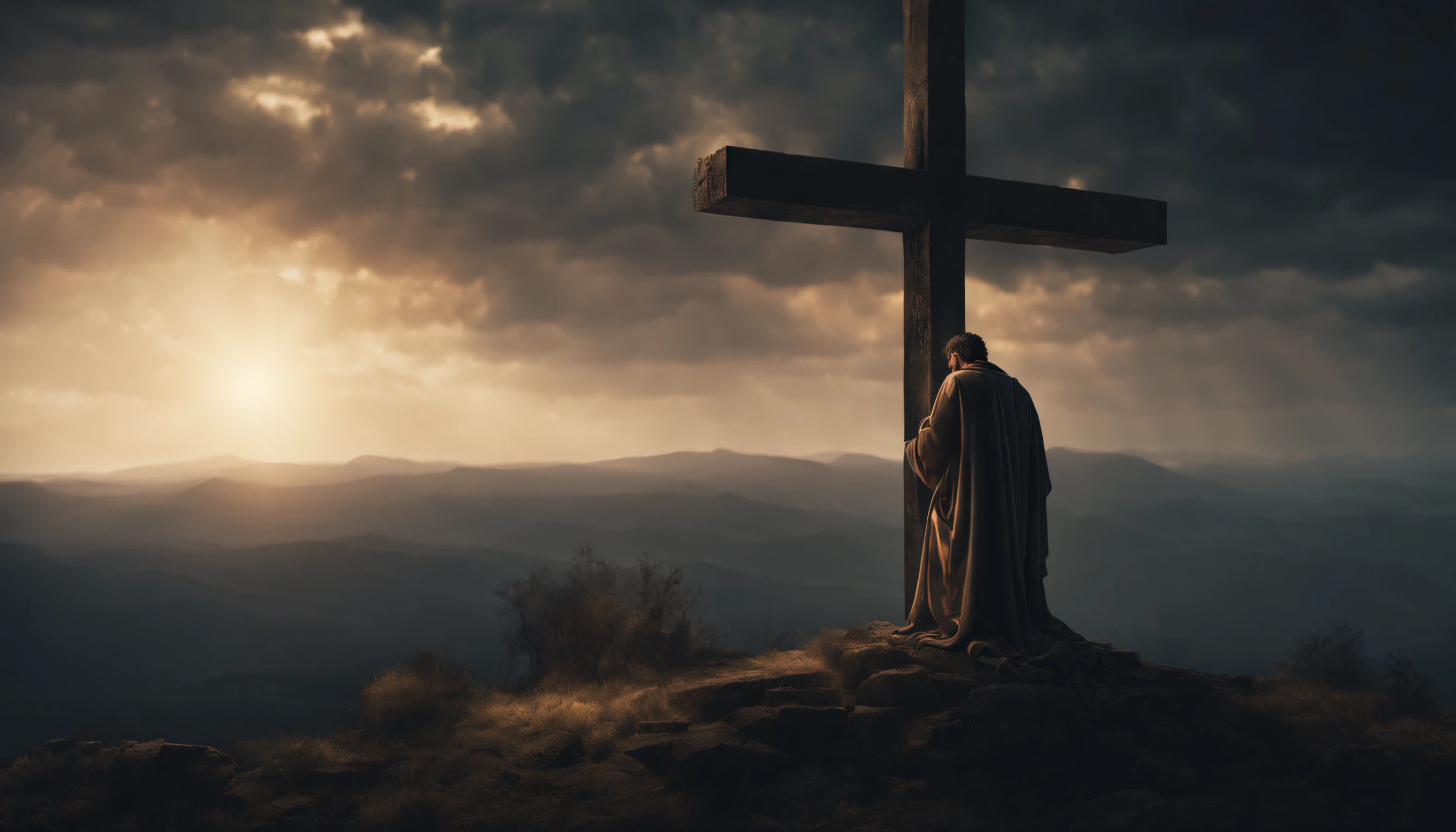 ancient man, praying at the foot of the cross on which jesus died, dark, realistic, 8k, lights coming out of the sky