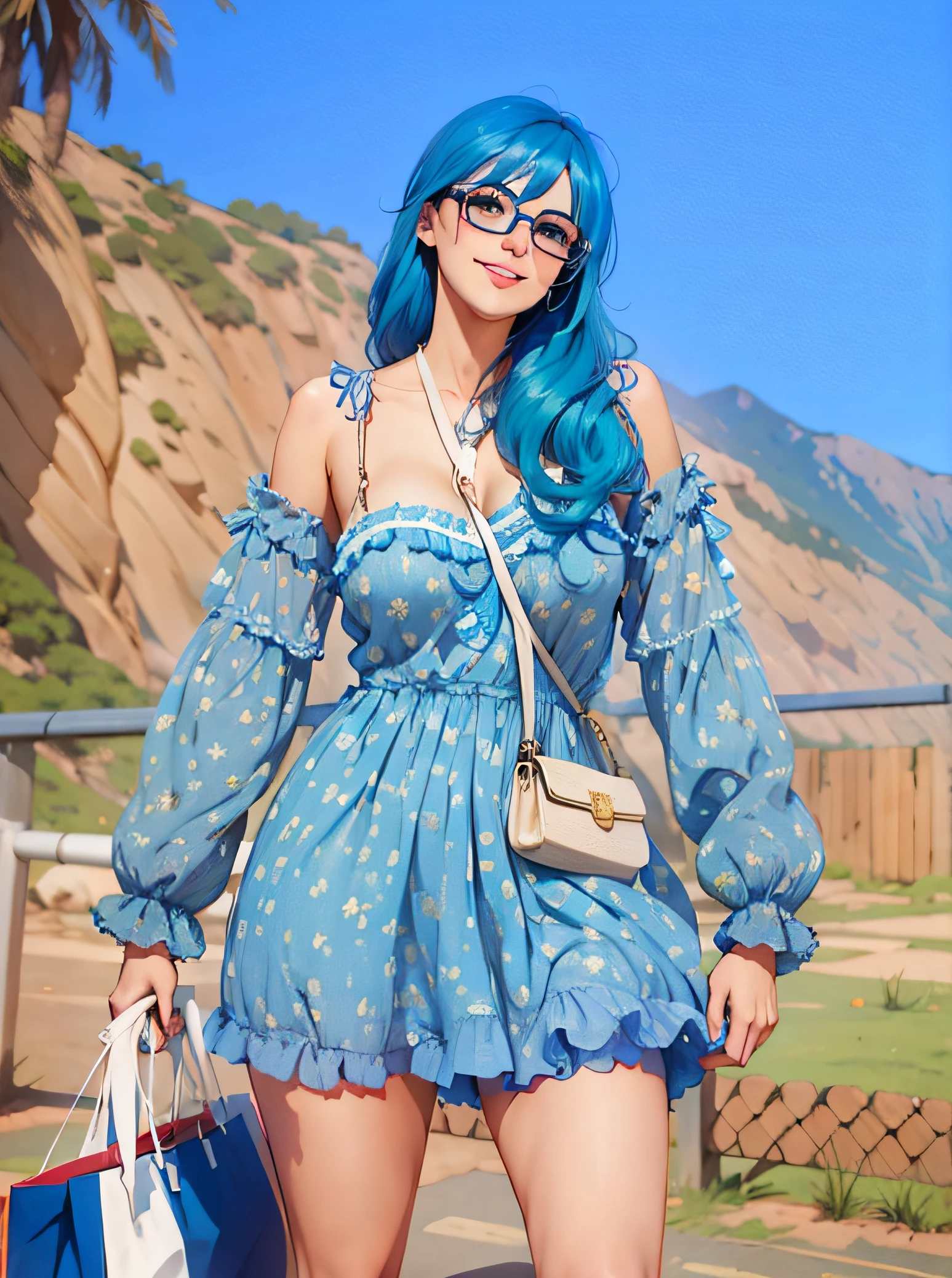 girl, blue hair, wear glasses, wear blue mini dress, smiling