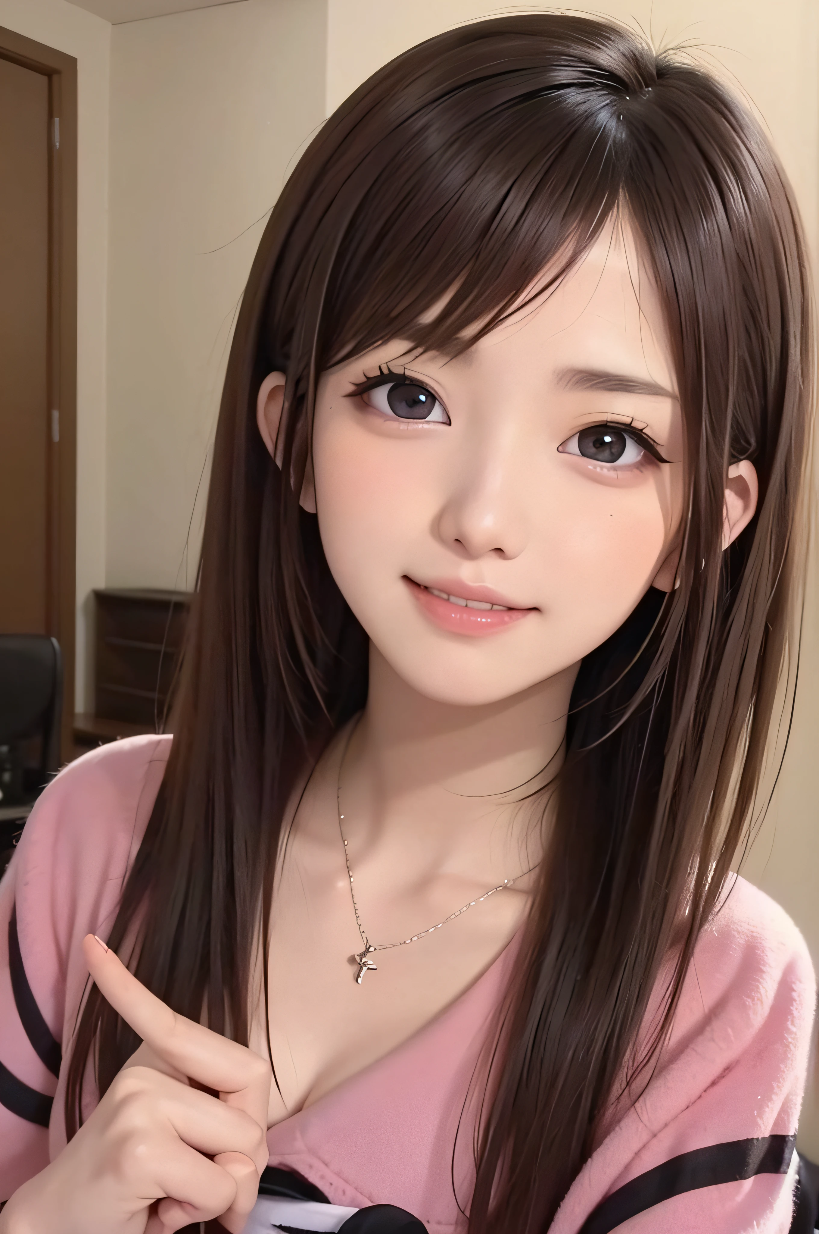 ars、brown haired、beautidful eyes、real looking skin、hi-school girl、small tits、(8K、masterpiece)、(reallistic、Photorealsitic)、top-quality、ighly detailed、The ultra-detailliert、Beautie、cute little、japanes、idol、a smile、Close-up portrait、Healthy face、Realistic pupils